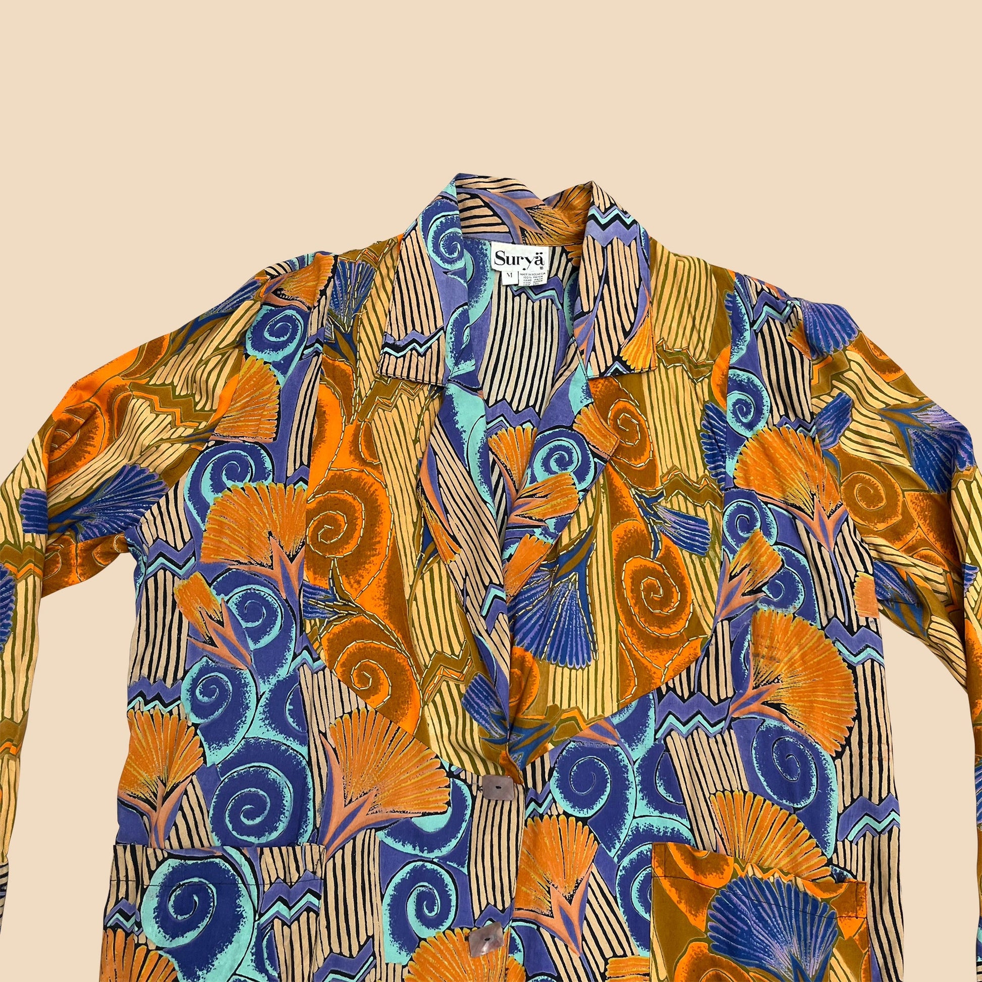 Suryä abstract vintage women's blouse, 1980s orange blue and brown medium shirt, vintage women's button down patterned blouse