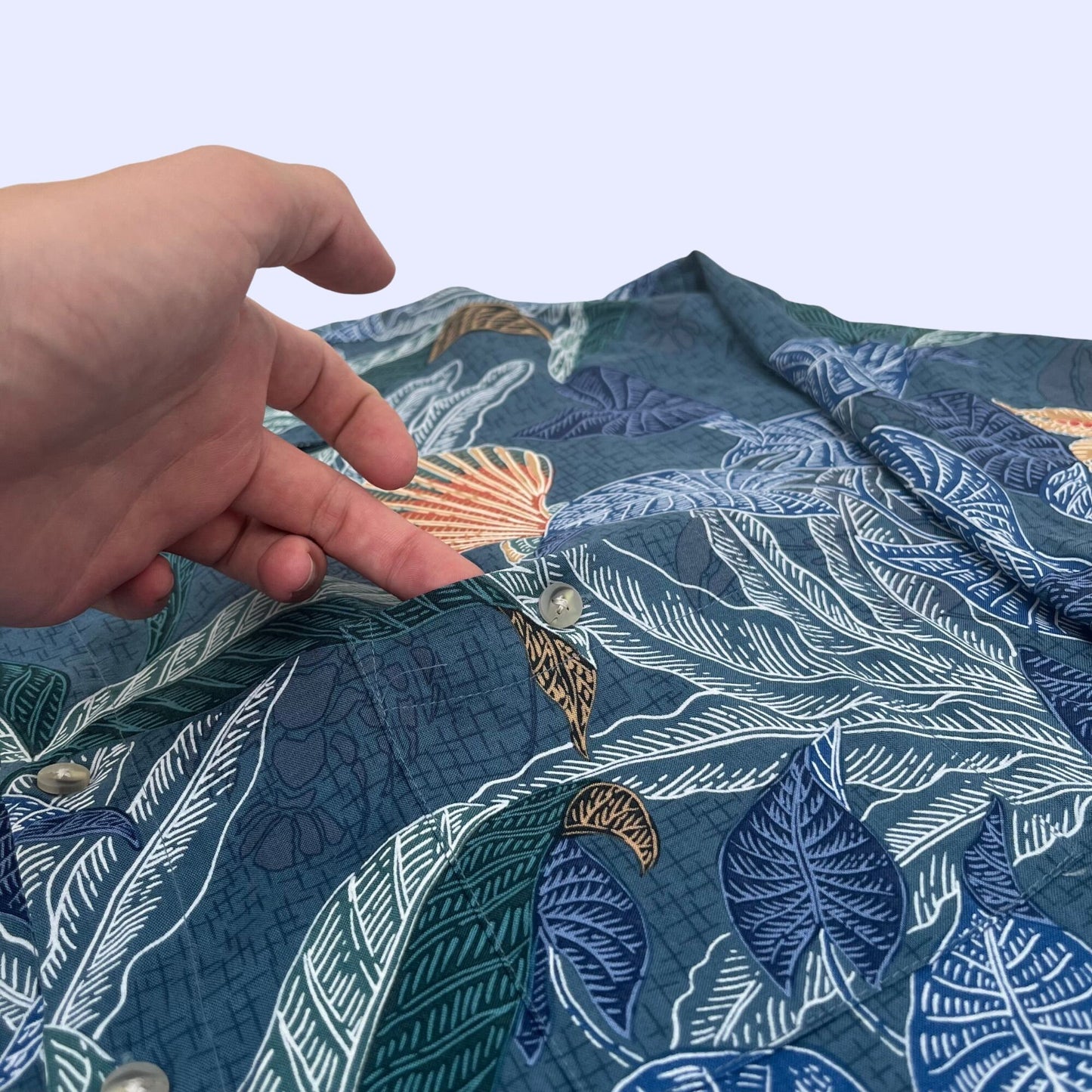 Vintage XL men's 90s button down by Campia Moda, leaf patterned men's hawaiian short sleeve shirt, 1990s blue and green men's top
