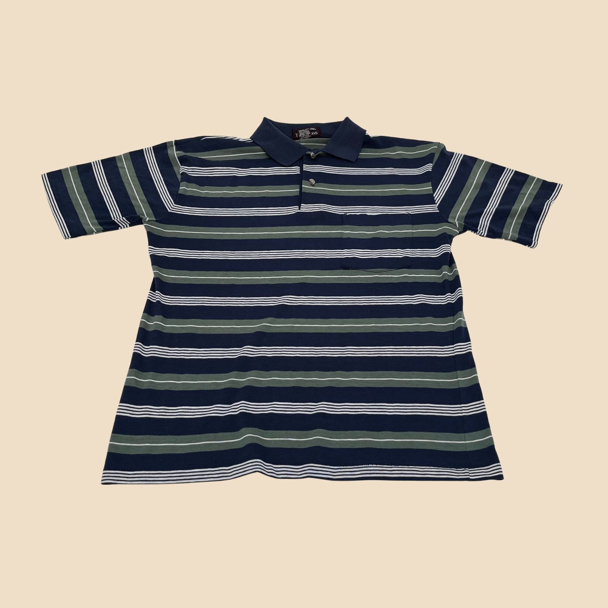 Vintage 90s medium polo shirt by Savile Row Traditions, striped men's golf polo in green blue and white, 1990s striped men's short sleeve