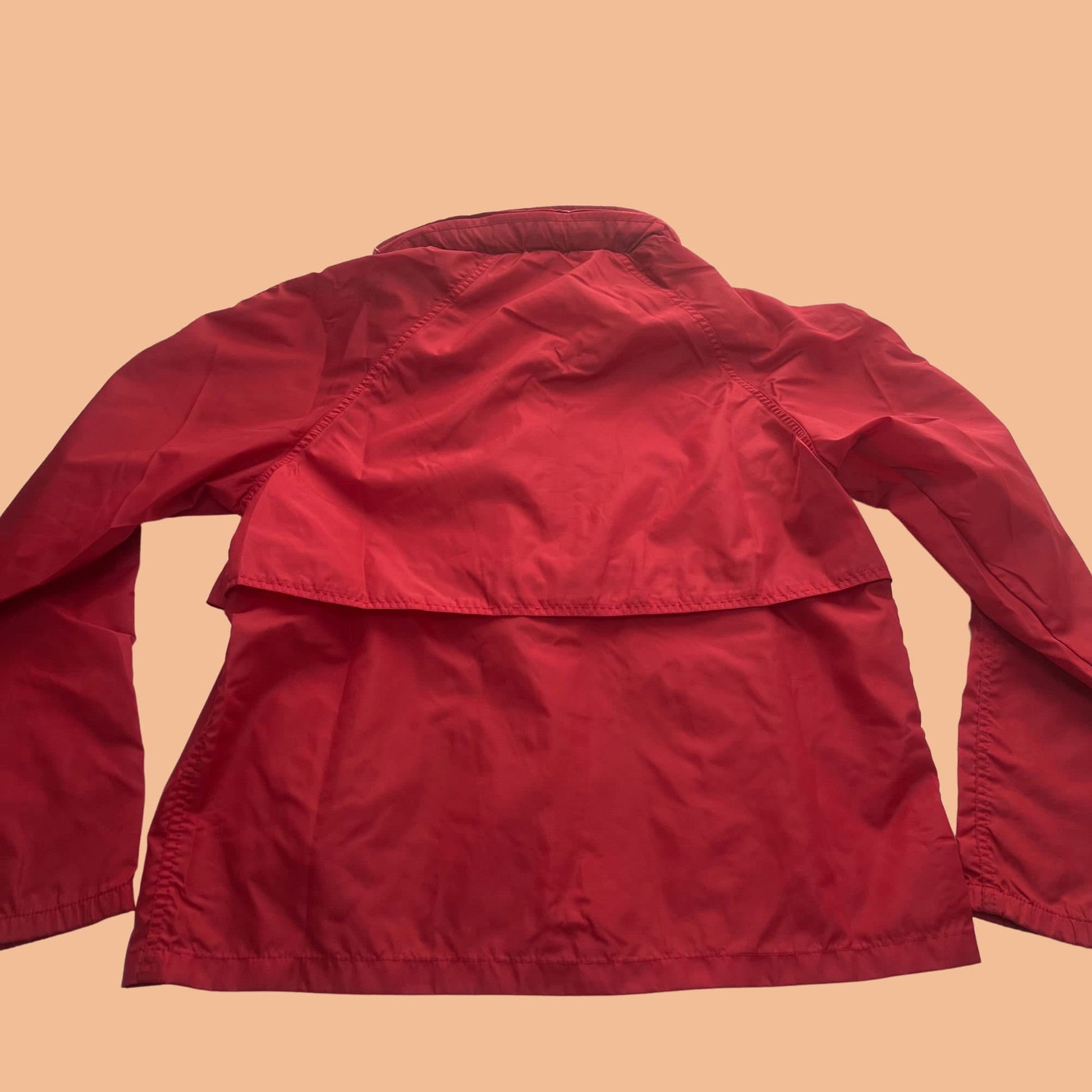 1980s small red Eddie Bauer windbreaker with with retractable hood, vintage zip up light weight jacket, 80s windbreaker