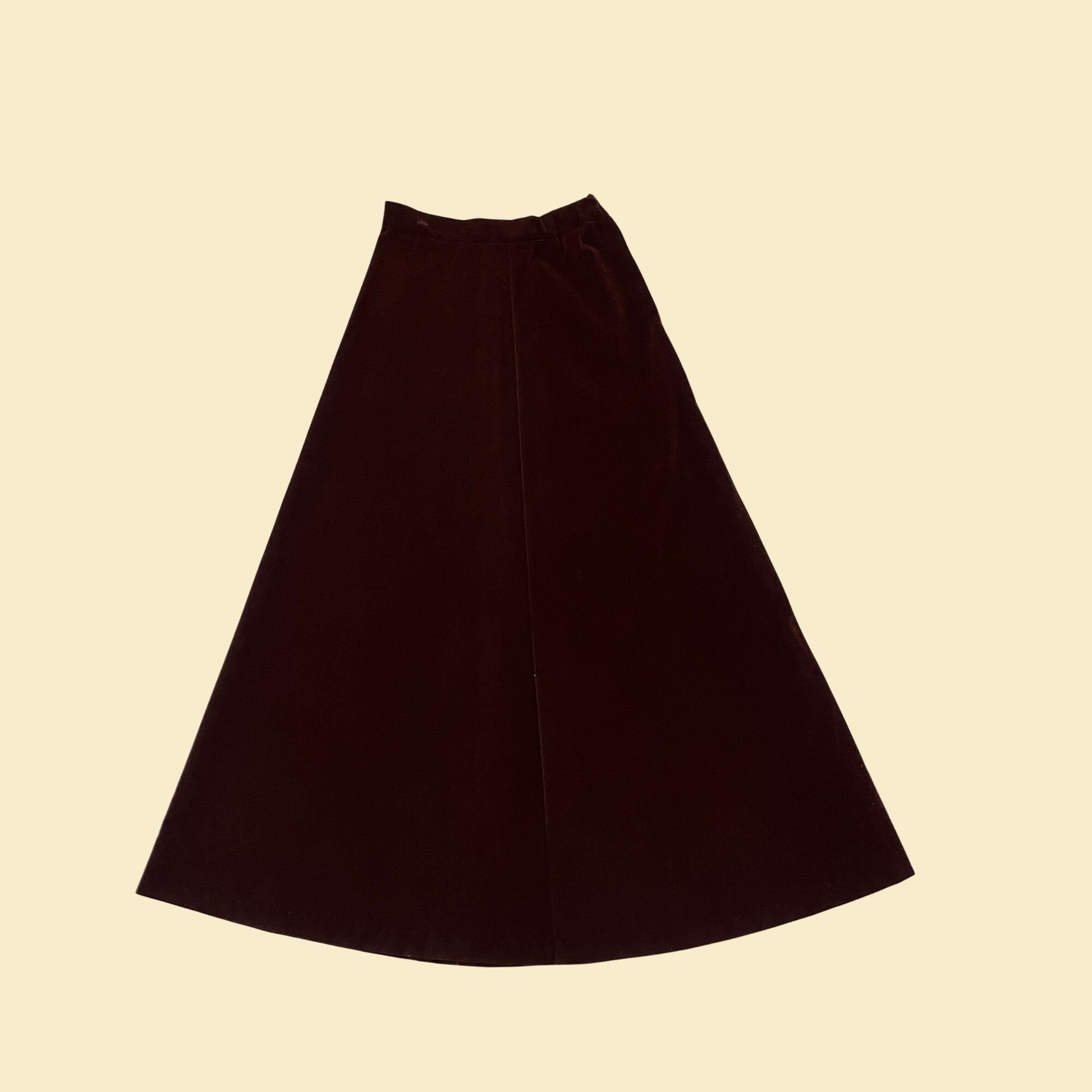 70s velvet brown skirt by Russ Girls, 24" waist, vintage 1970s a-line brown maxi skirt