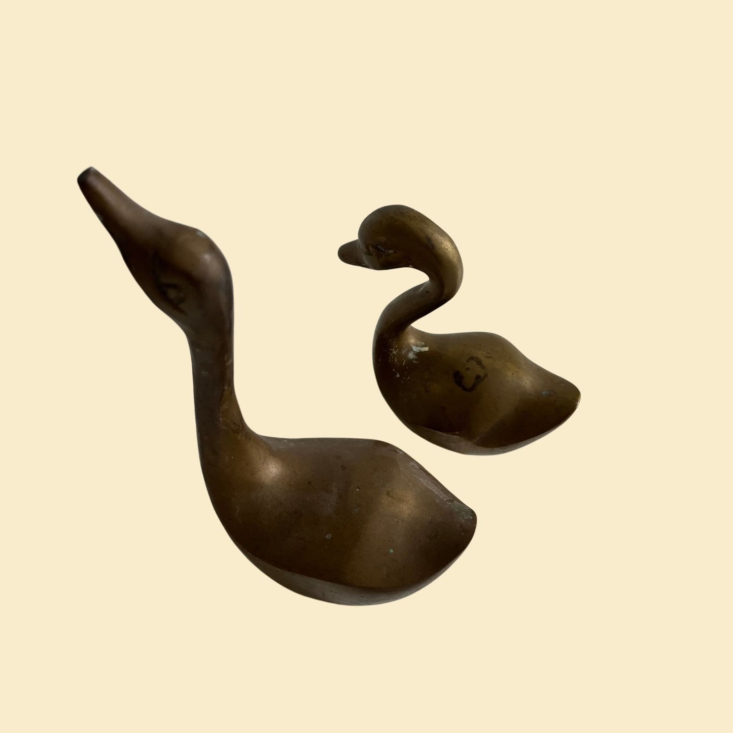 Set of 2 brass swans, c. 1970s vintage heavy brass swan figurines by Himark Giftware