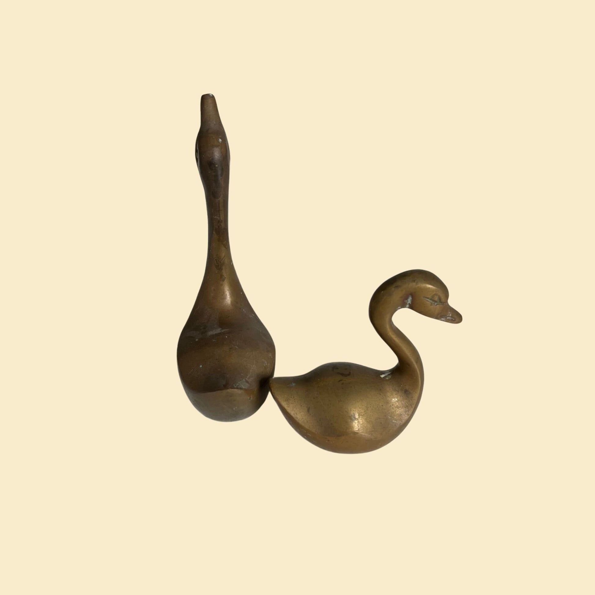 Set of 2 brass swans, c. 1970s vintage heavy brass swan figurines by Himark Giftware