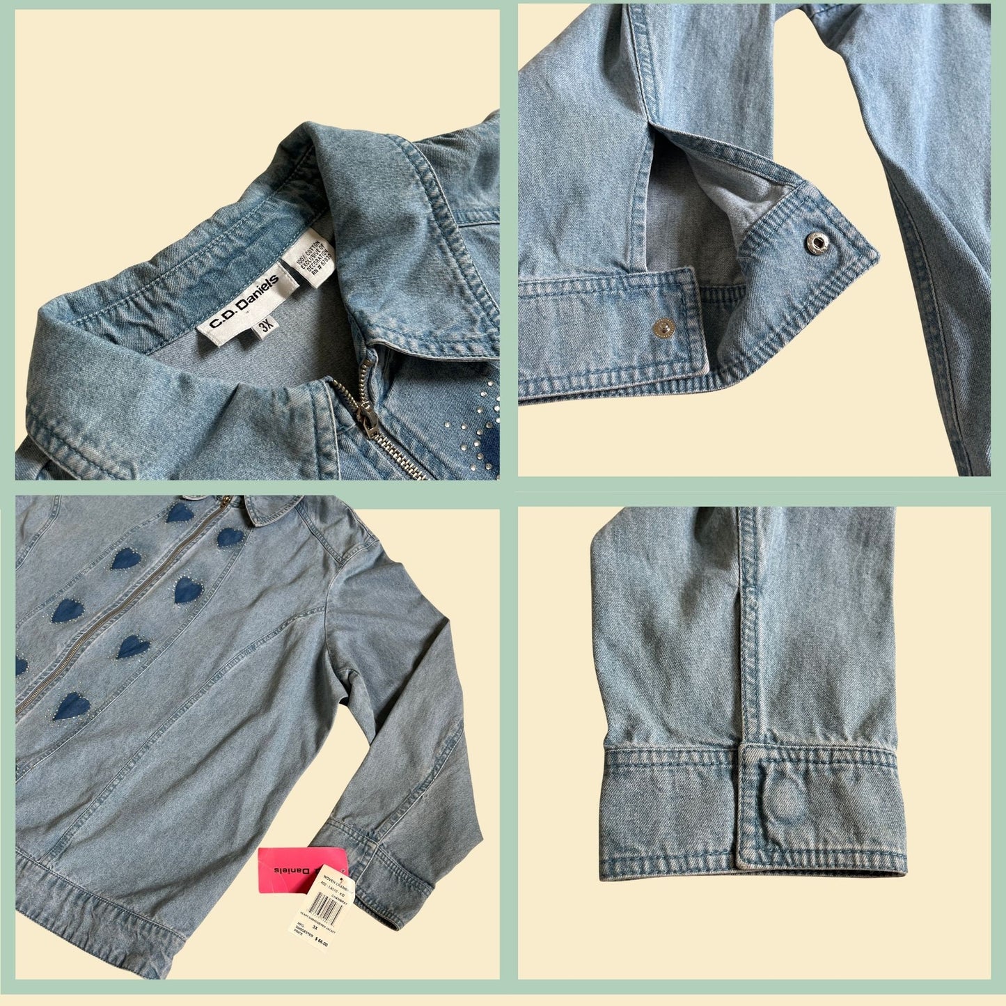 90s chambray zip up jacket by C.D. Daniels in size 3X, vintage denim heart patterned jacket with rhinestones and jewels