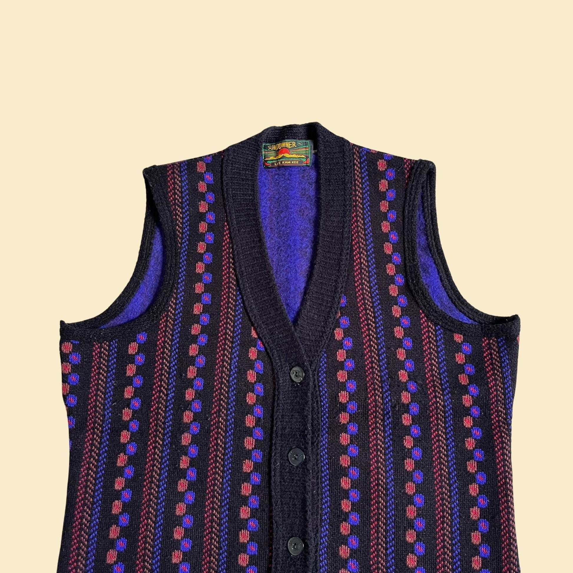 70s patterned sweater vest by Sundowner, size XL vintage striped / polka dot button down vest in purple, orange, black and red