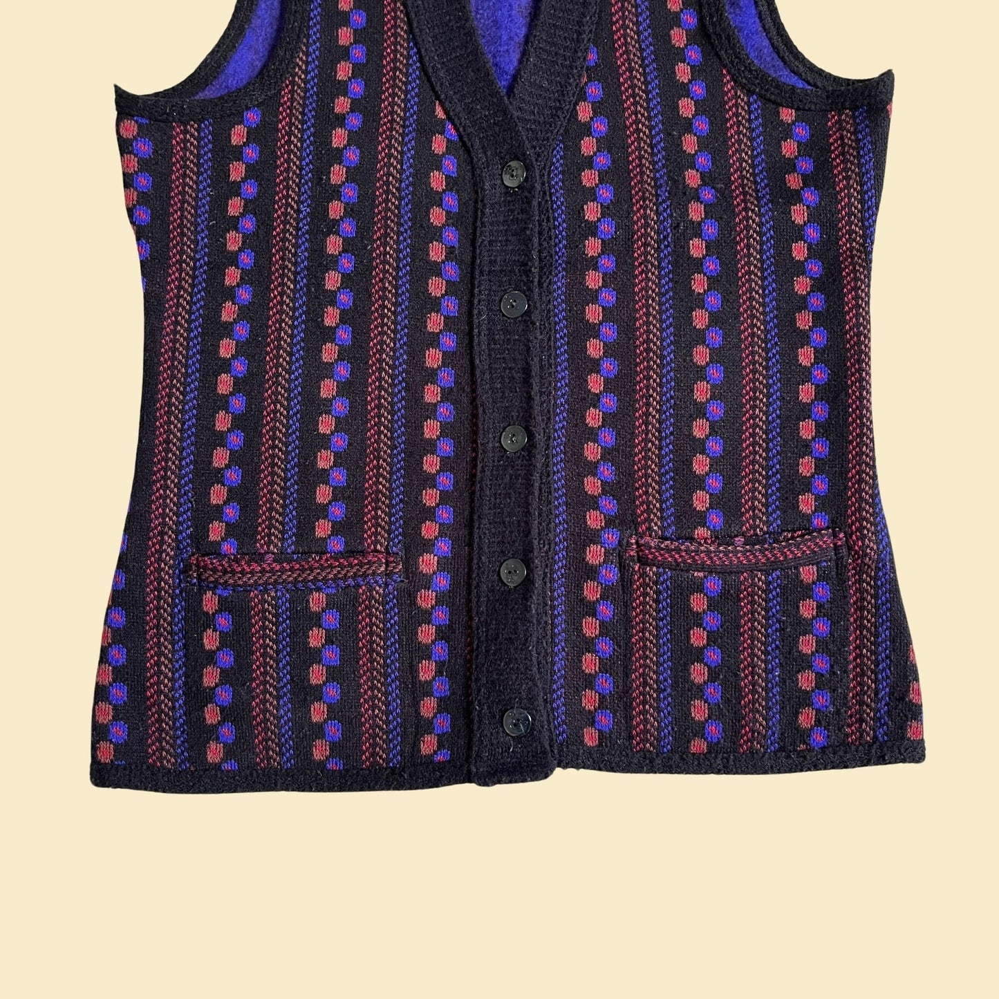 70s patterned sweater vest by Sundowner, size XL vintage striped / polka dot button down vest in purple, orange, black and red