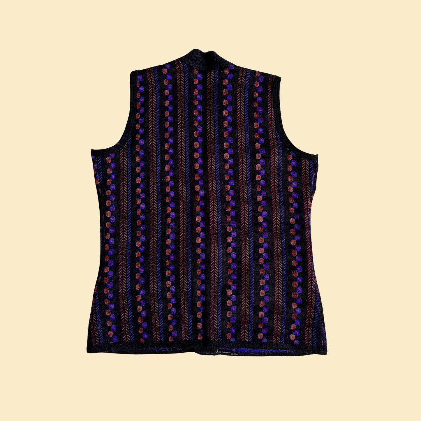 70s patterned sweater vest by Sundowner, size XL vintage striped / polka dot button down vest in purple, orange, black and red