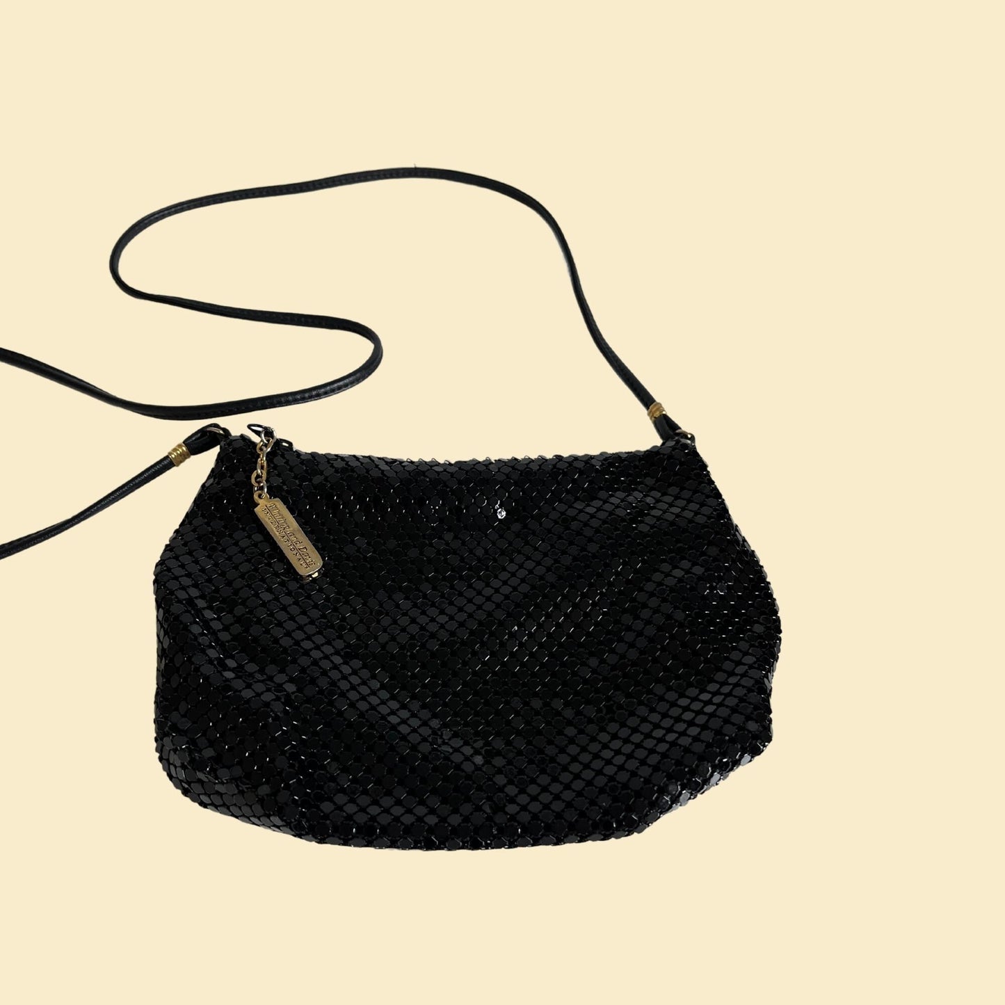 80s Whiting & Davis shoulder bag, vintage mesh black shiny 1980s evening bag with brass/gold hardware