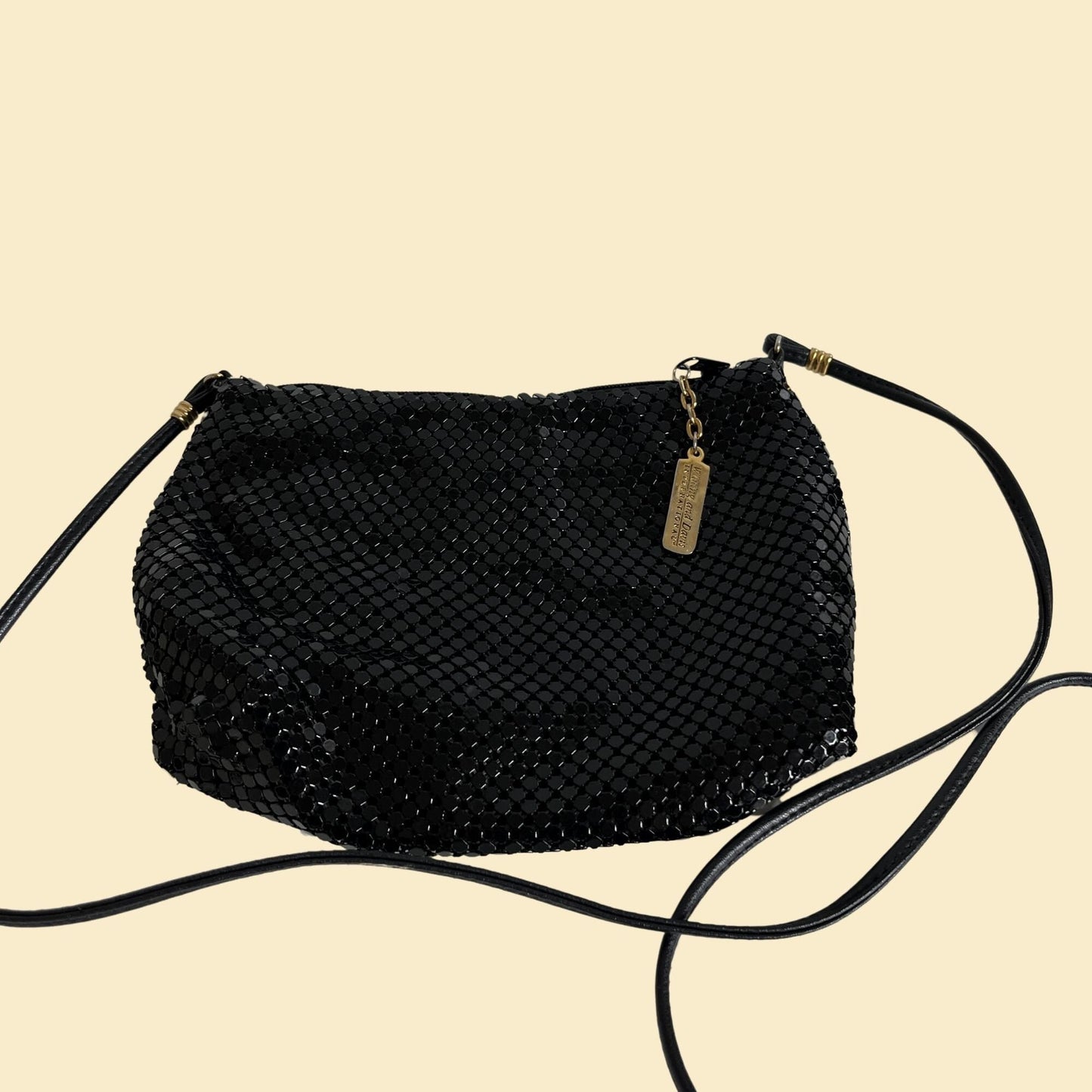 80s Whiting & Davis shoulder bag, vintage mesh black shiny 1980s evening bag with brass/gold hardware