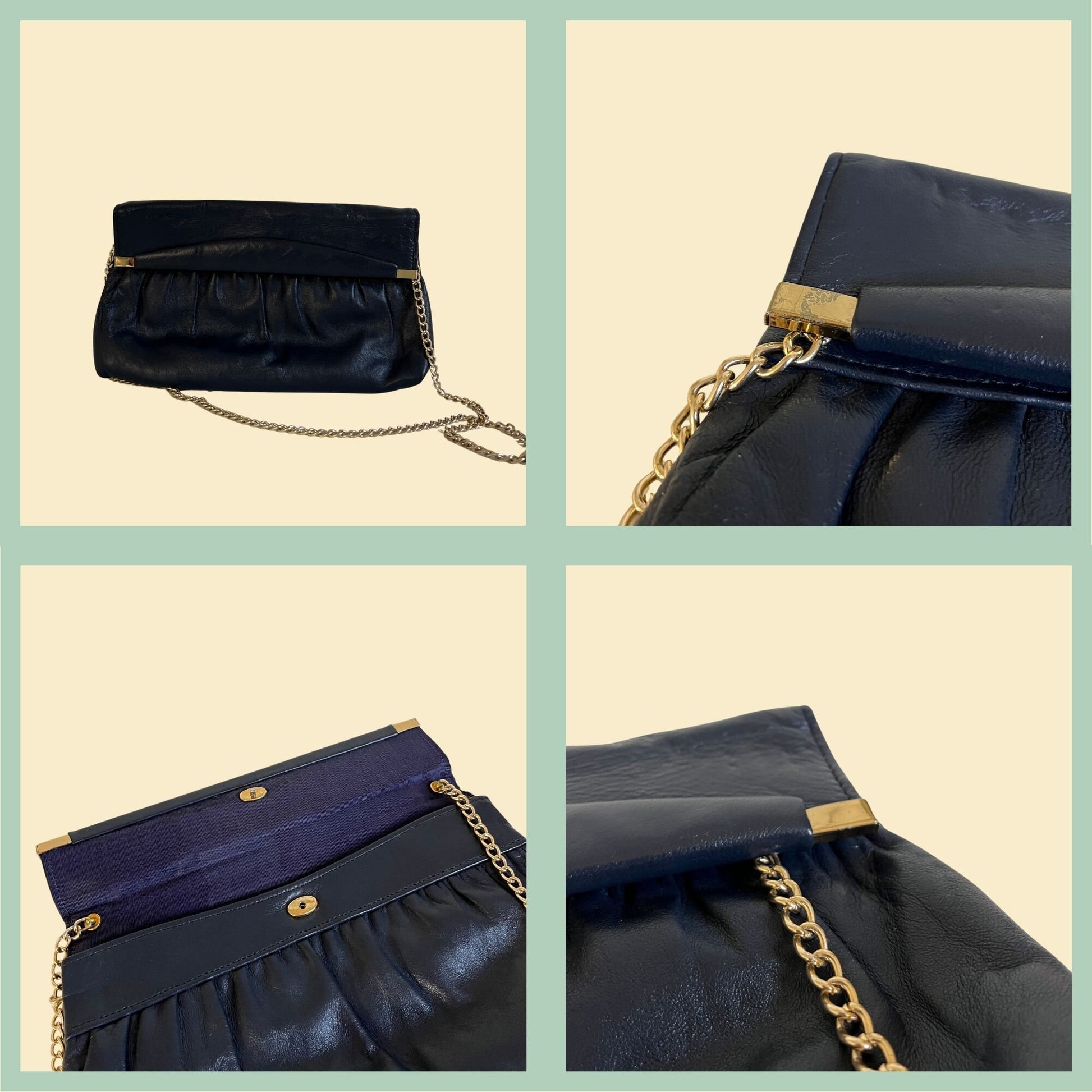 70s blue leather shoulder bag by Andé, vintage handbag with chainlink shoulder strap