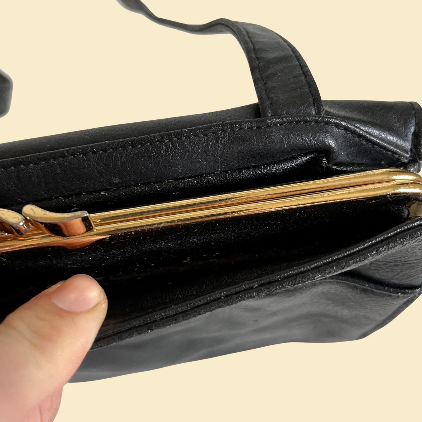 90s Rossetti shoulder bag, vintage 1990s black and brass handbag with kiss lock, rectangular black purse