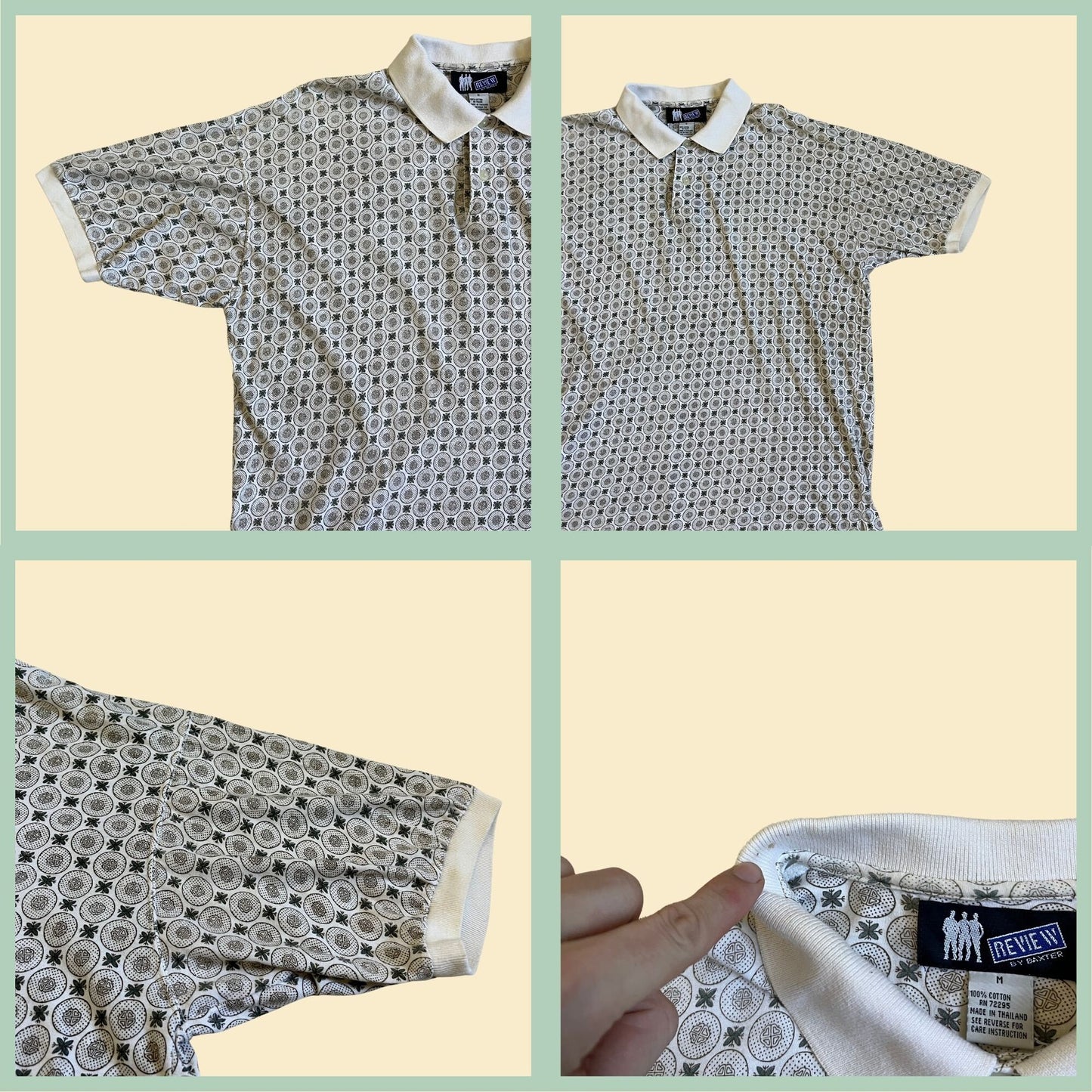 90s polo shirt by Review by Baxter, size medium, white, green and brown geometric men's short sleeve golf shirt