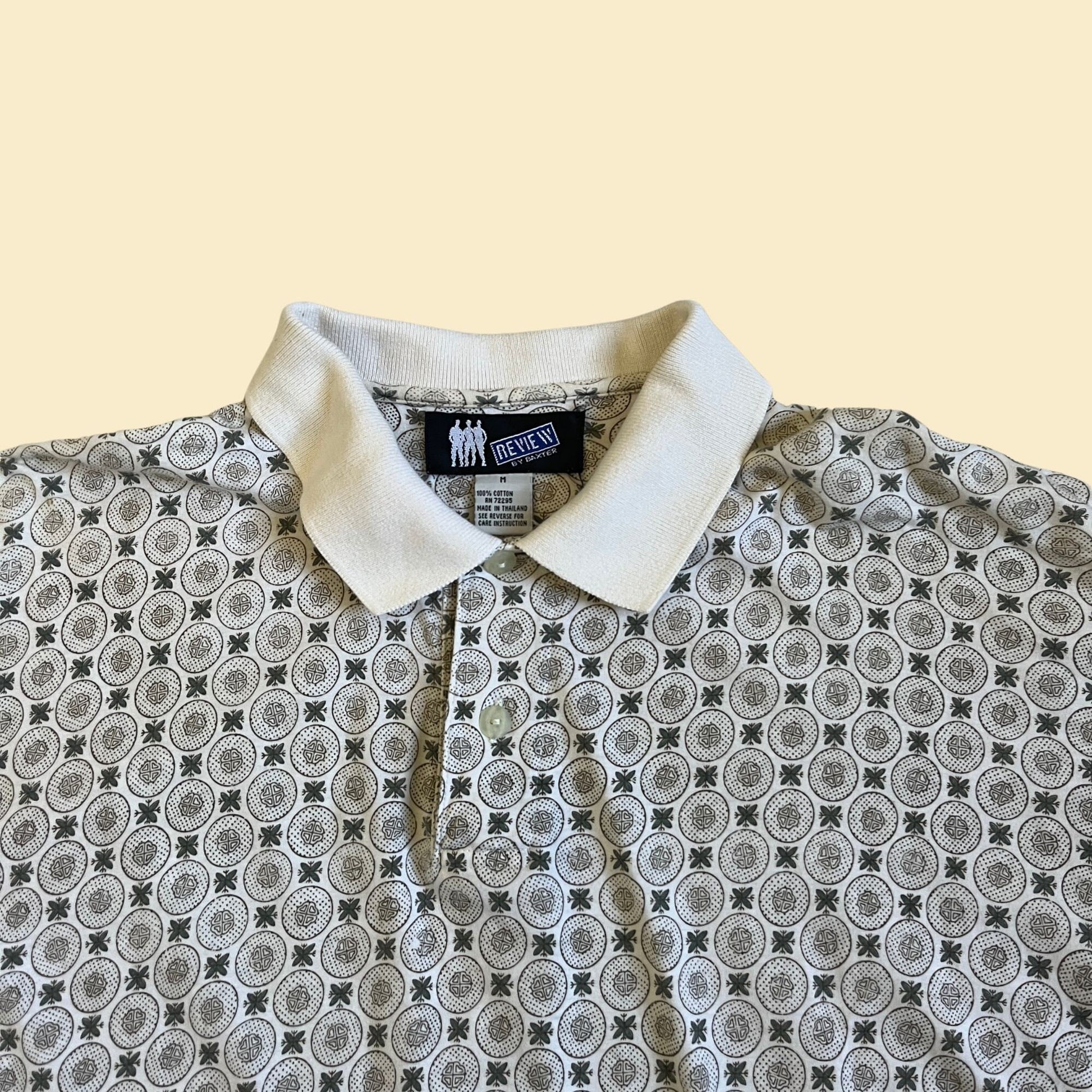 90s polo shirt by Review by Baxter, size medium, white, green and brown geometric men's short sleeve golf shirt