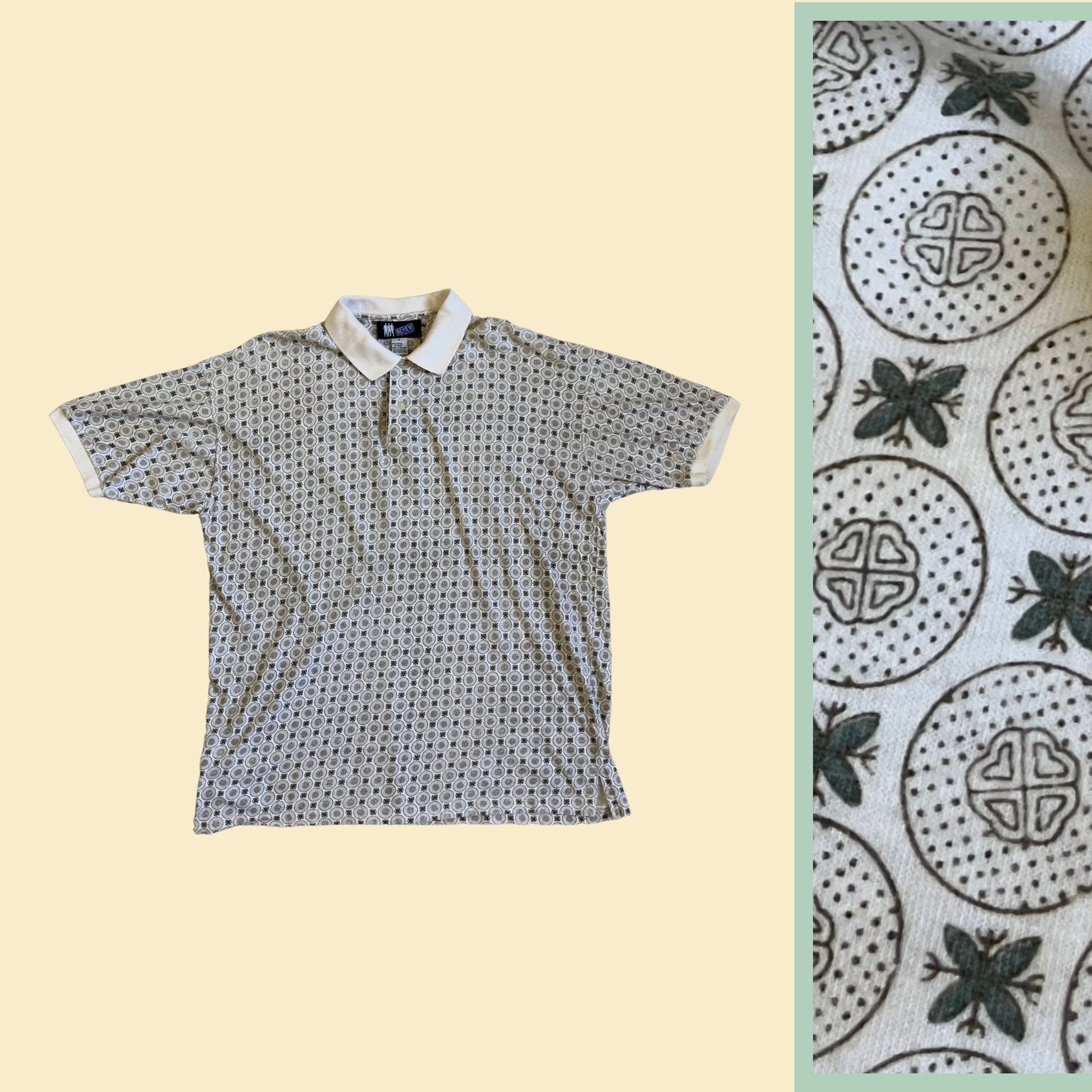 90s polo shirt by Review by Baxter, size medium, white, green and brown geometric men's short sleeve golf shirt