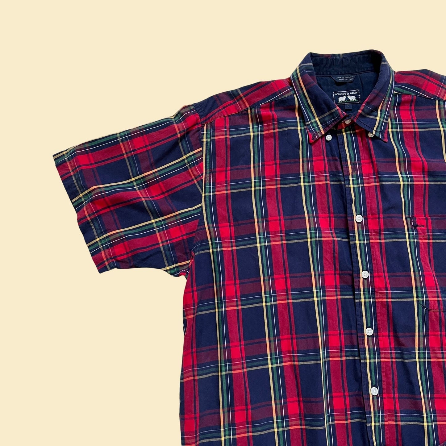 90s plaid short sleeve by Woods & Gray, size L, vintage 1990s blue, red and green button down collared men's shirt