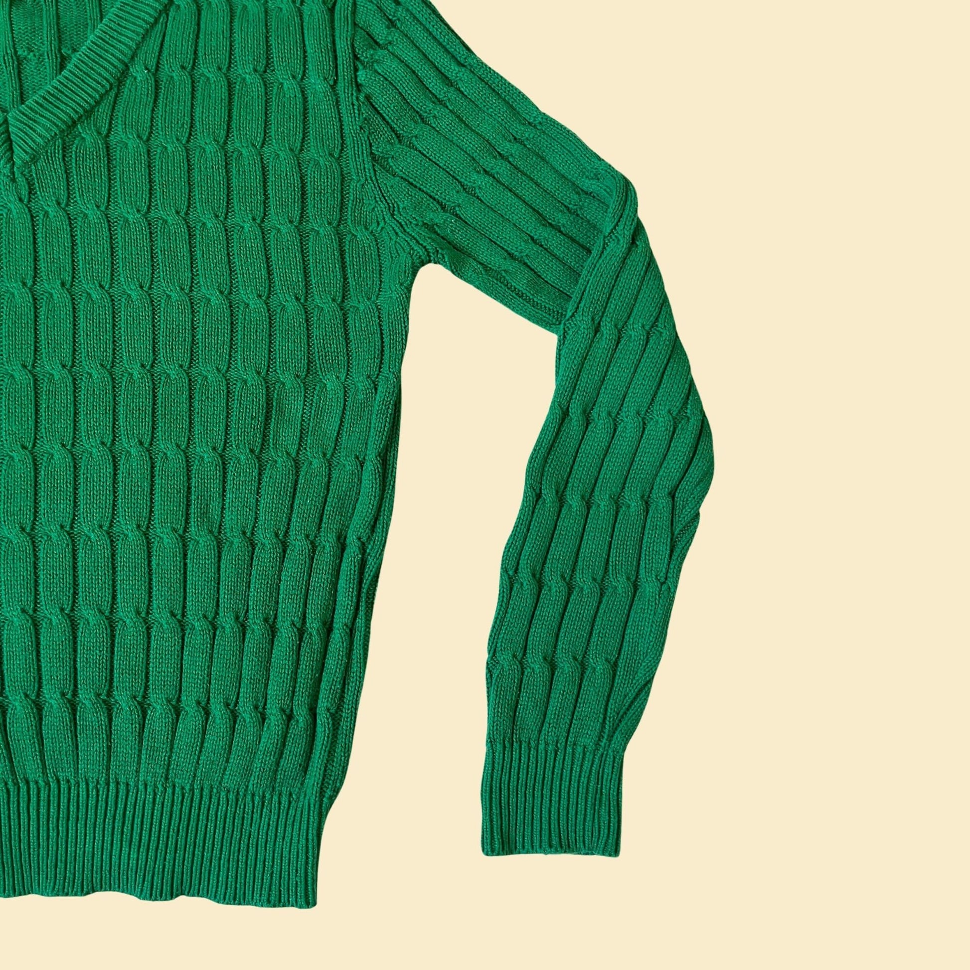 Vintage 80s green v-neck sweater by Lands End, size medium, textured 1980s green sweater