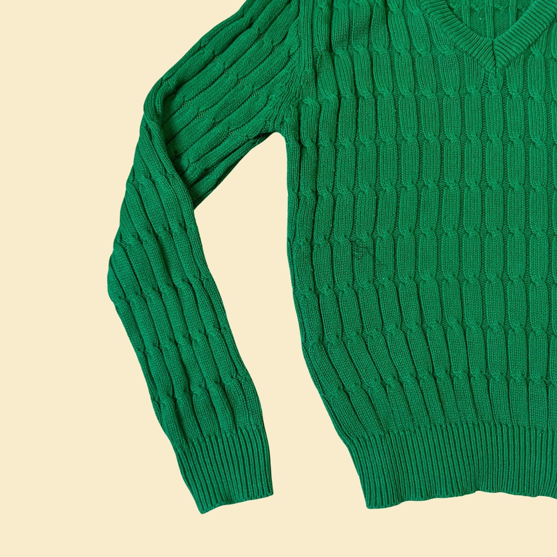 Vintage 80s green v-neck sweater by Lands End, size medium, textured 1980s green sweater