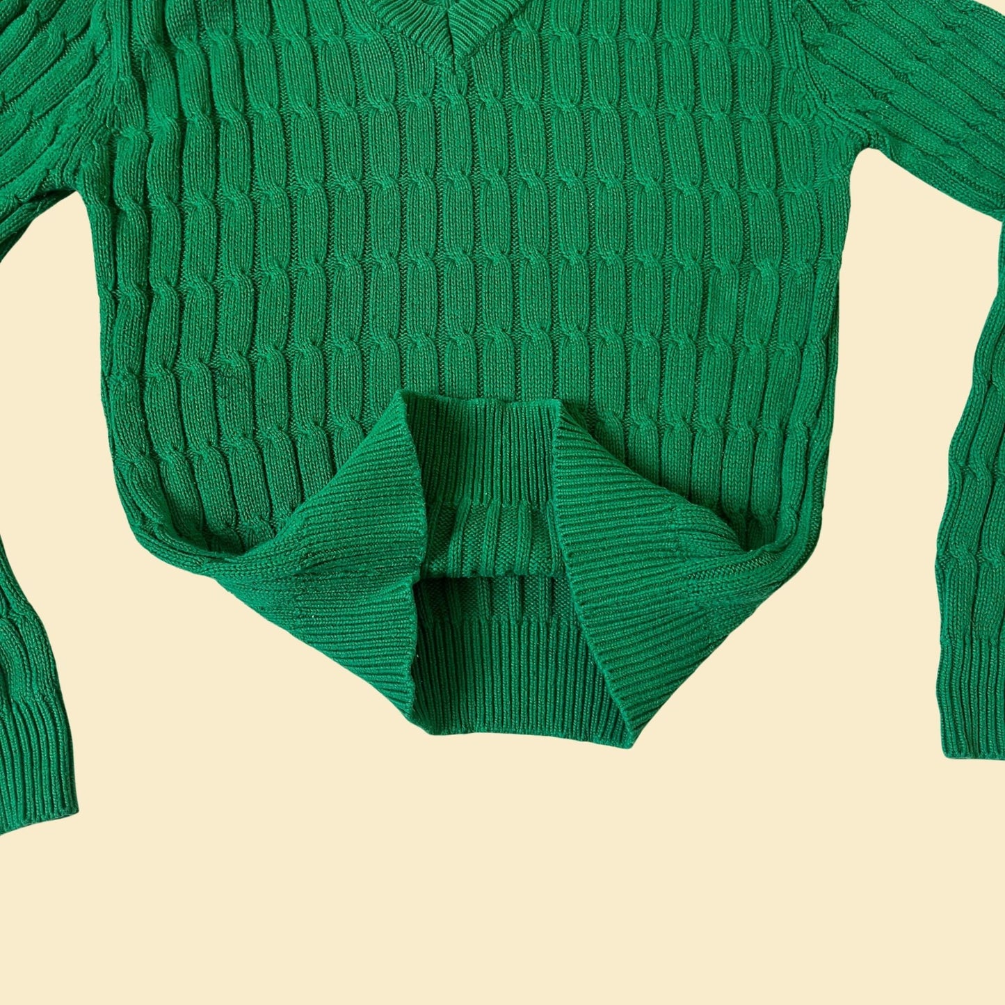 Vintage 80s green v-neck sweater by Lands End, size medium, textured 1980s green sweater