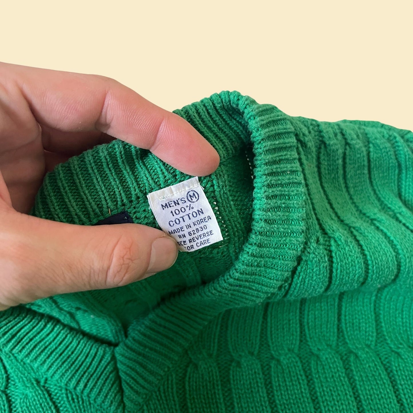 Vintage 80s green v-neck sweater by Lands End, size medium, textured 1980s green sweater