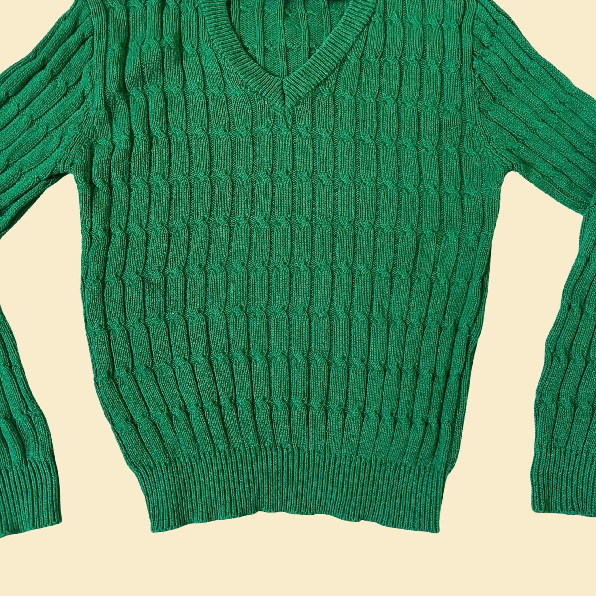 Vintage 80s green v-neck sweater by Lands End, size medium, textured 1980s green sweater