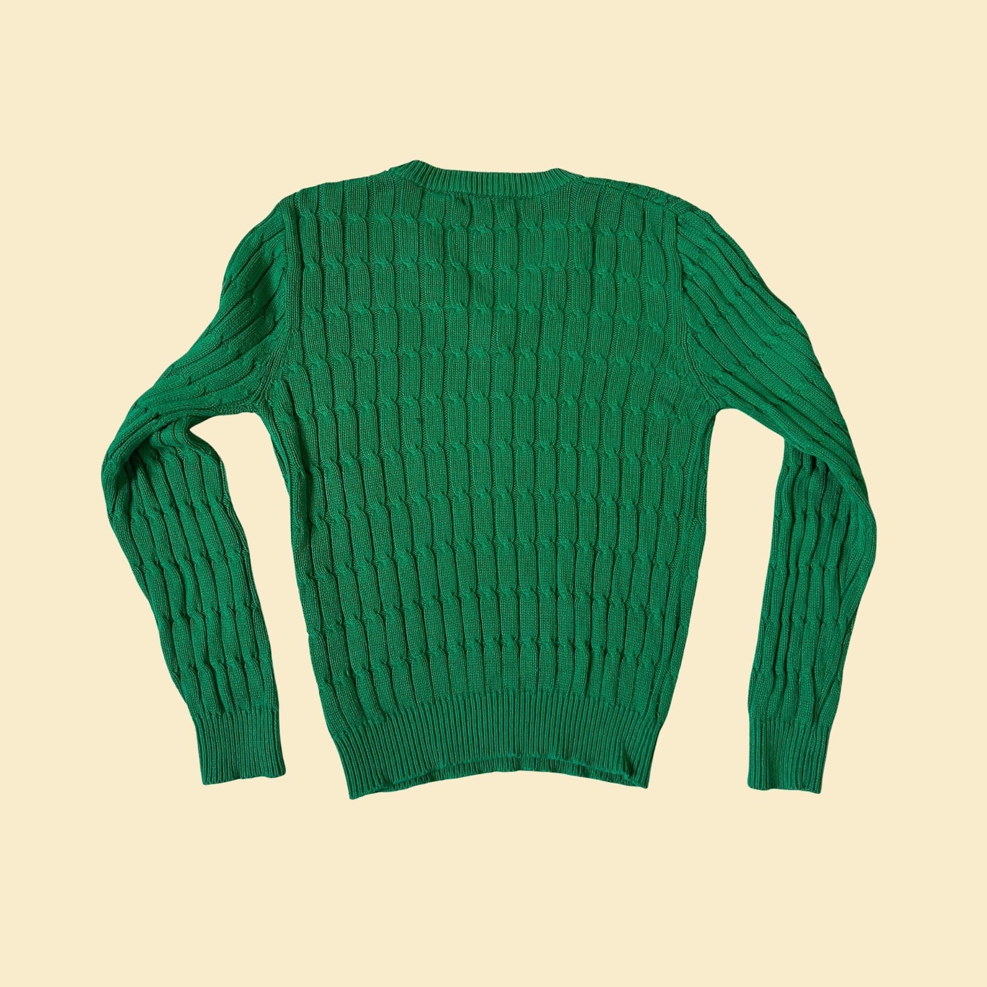 Vintage 80s green v-neck sweater by Lands End, size medium, textured 1980s green sweater