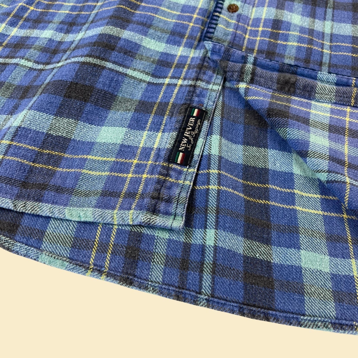 90s XL men's flannel by New River for J. Rigging, vintage plaid blue and yellow men's shirt, 1990s thick button down