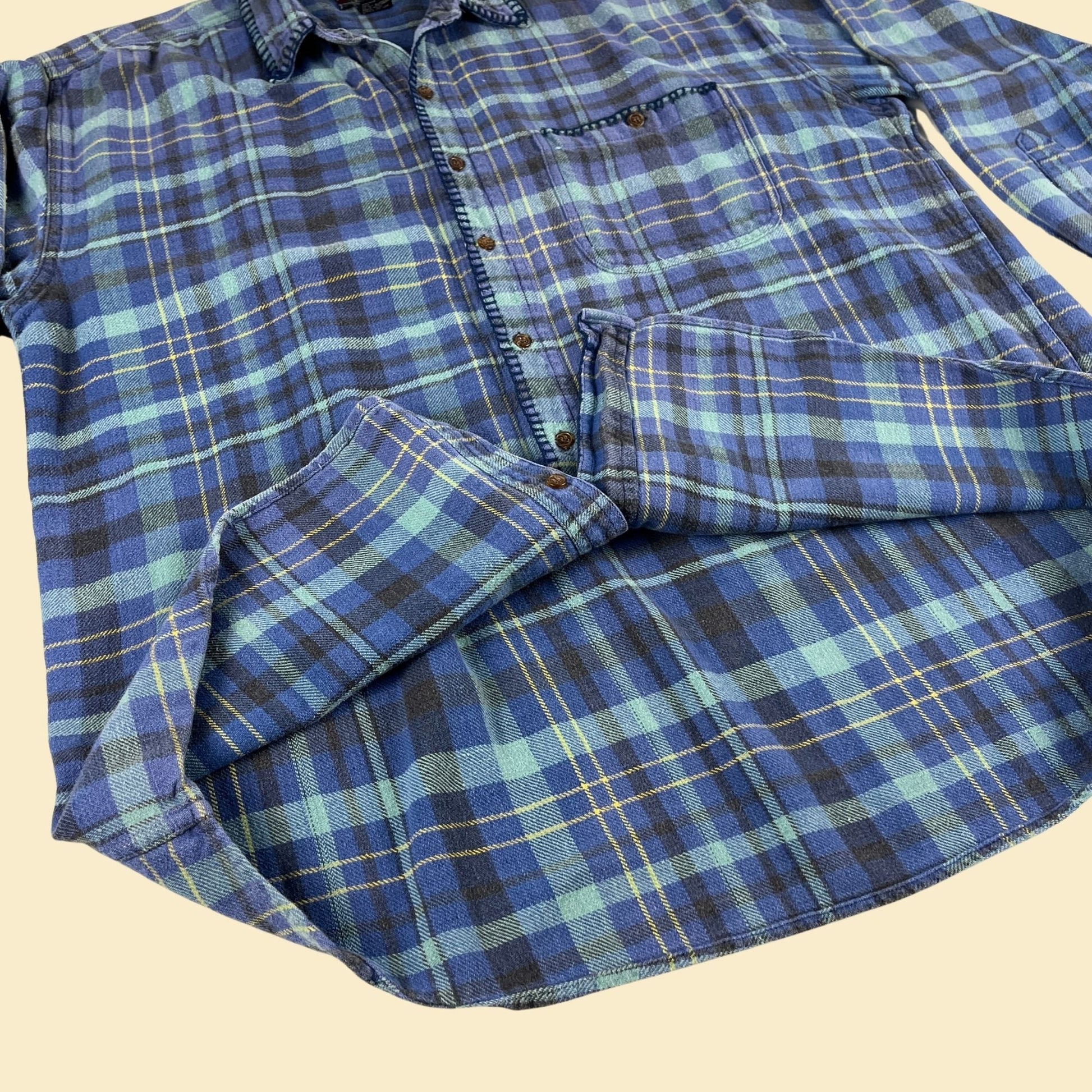 90s XL men's flannel by New River for J. Rigging, vintage plaid blue and yellow men's shirt, 1990s thick button down