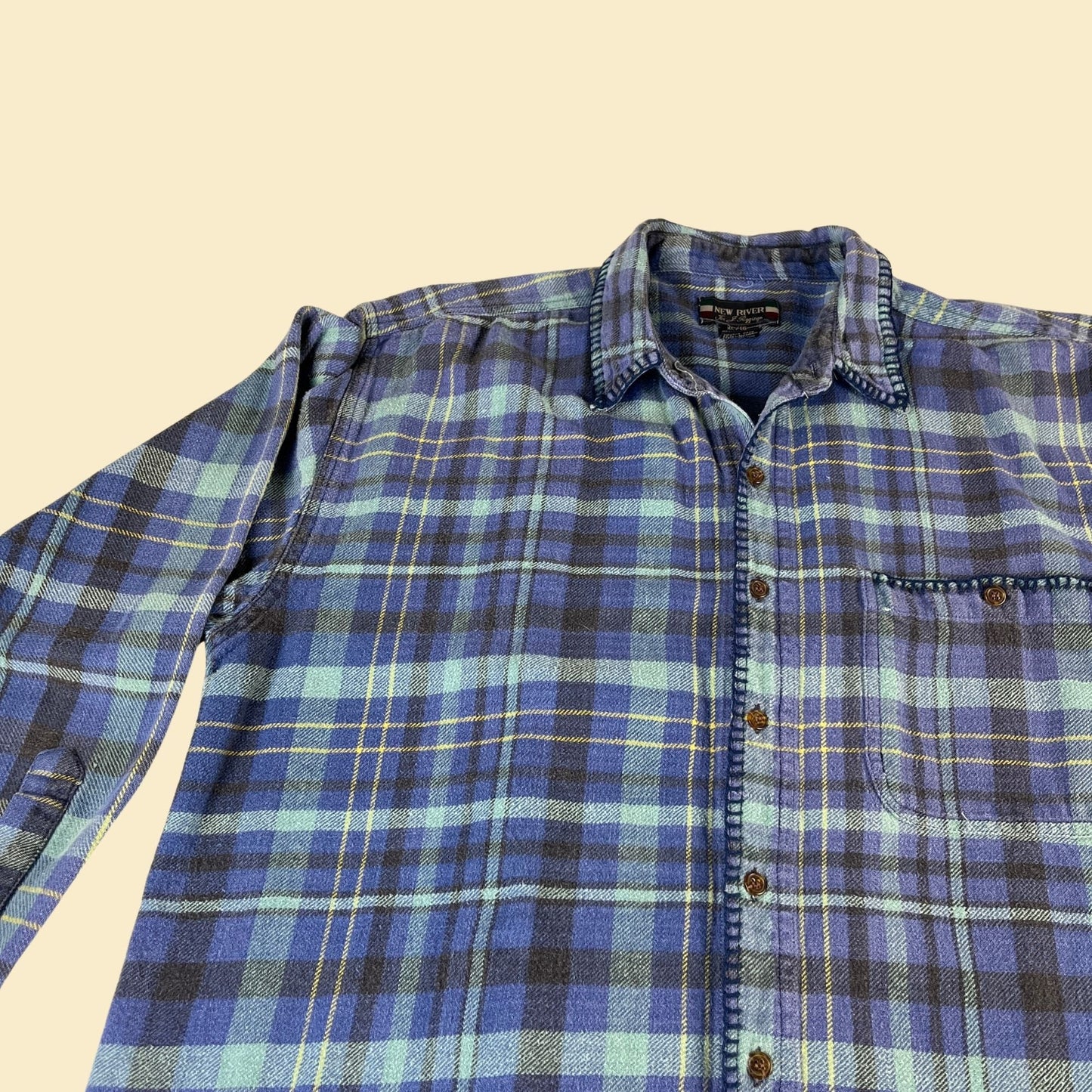 90s XL men's flannel by New River for J. Rigging, vintage plaid blue and yellow men's shirt, 1990s thick button down