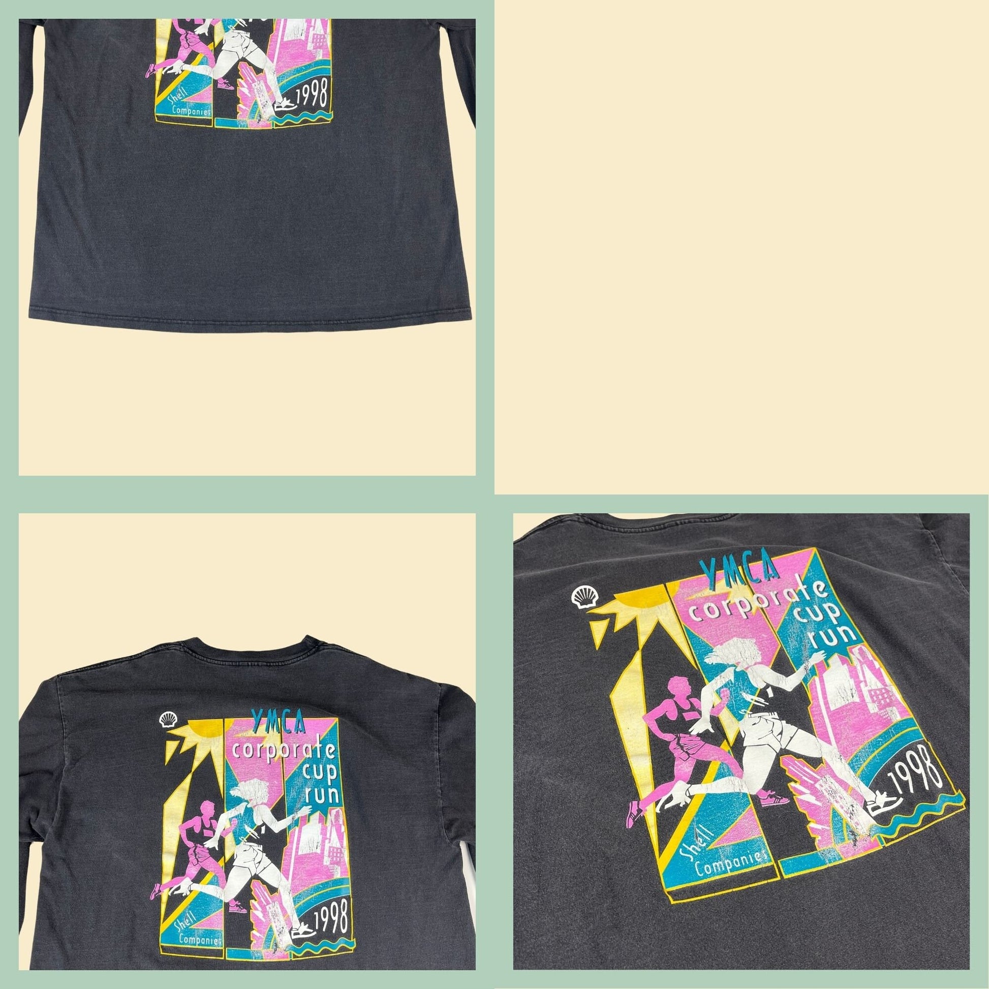 90s Shell & YMCA new wave t-shirt by Gildan Activewear, size XL, black, pink and neon blue long sleeve tee