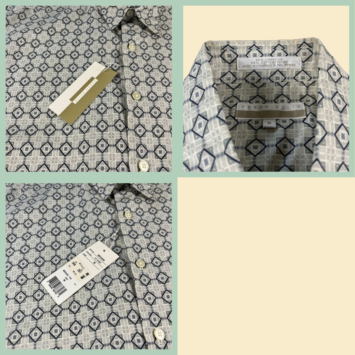 90s Perry Ellis linen shirt, size M, geometric patterned new old stock vintage 1990s short sleeve button down