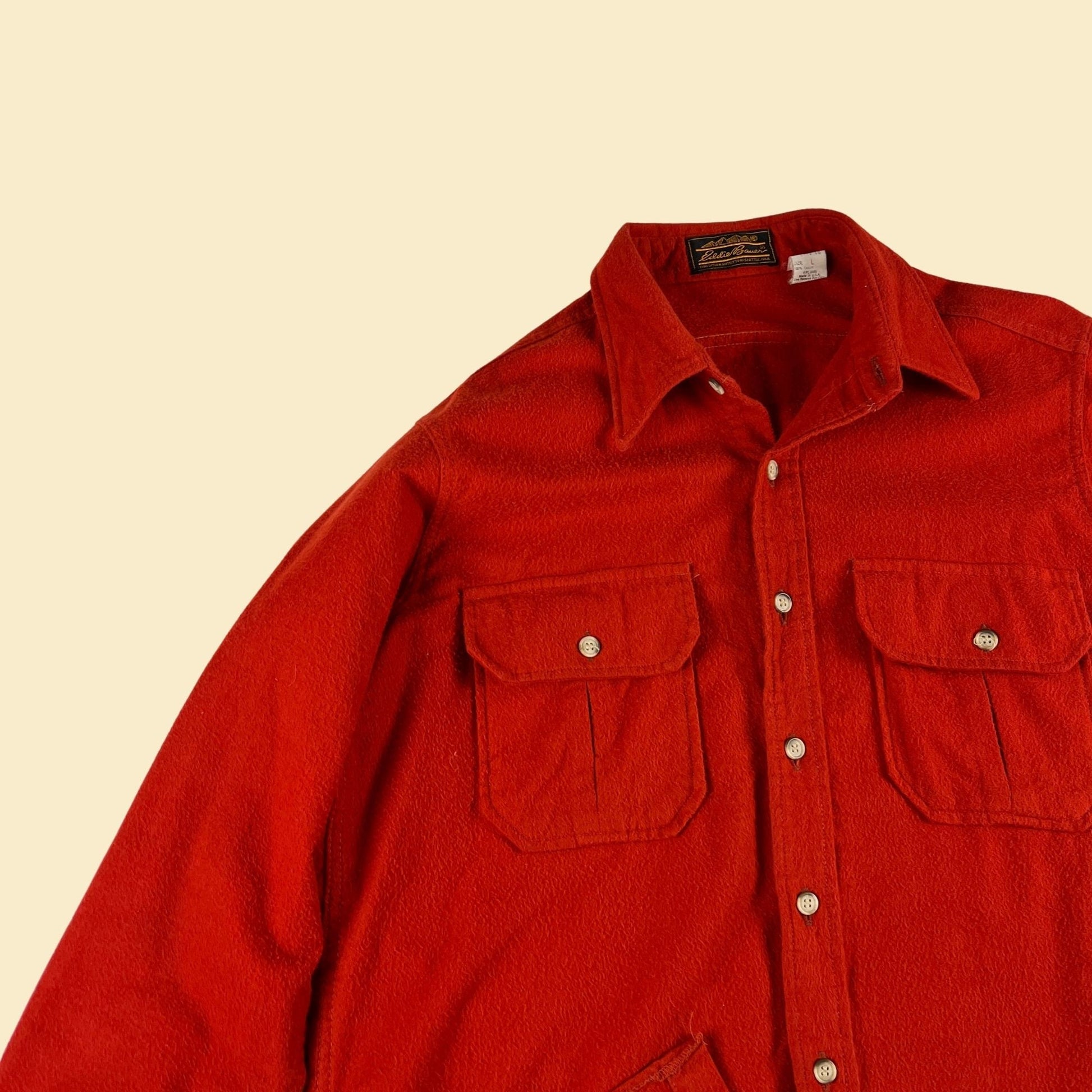 80s Eddie Bauer red shirt, size L, vintage 1980s cotton / felt men's button down