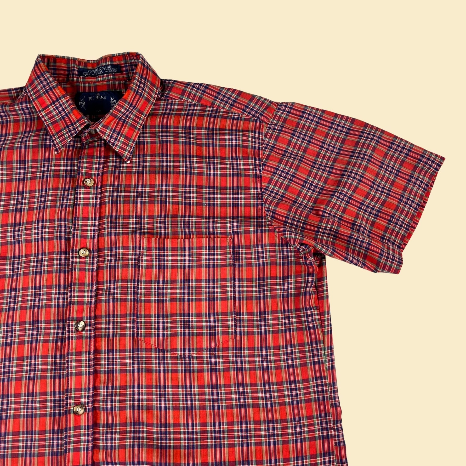 Vintage 80s plaid red shirt by Pioneer, size M-L, 1980s red and blue patterned short sleeve top