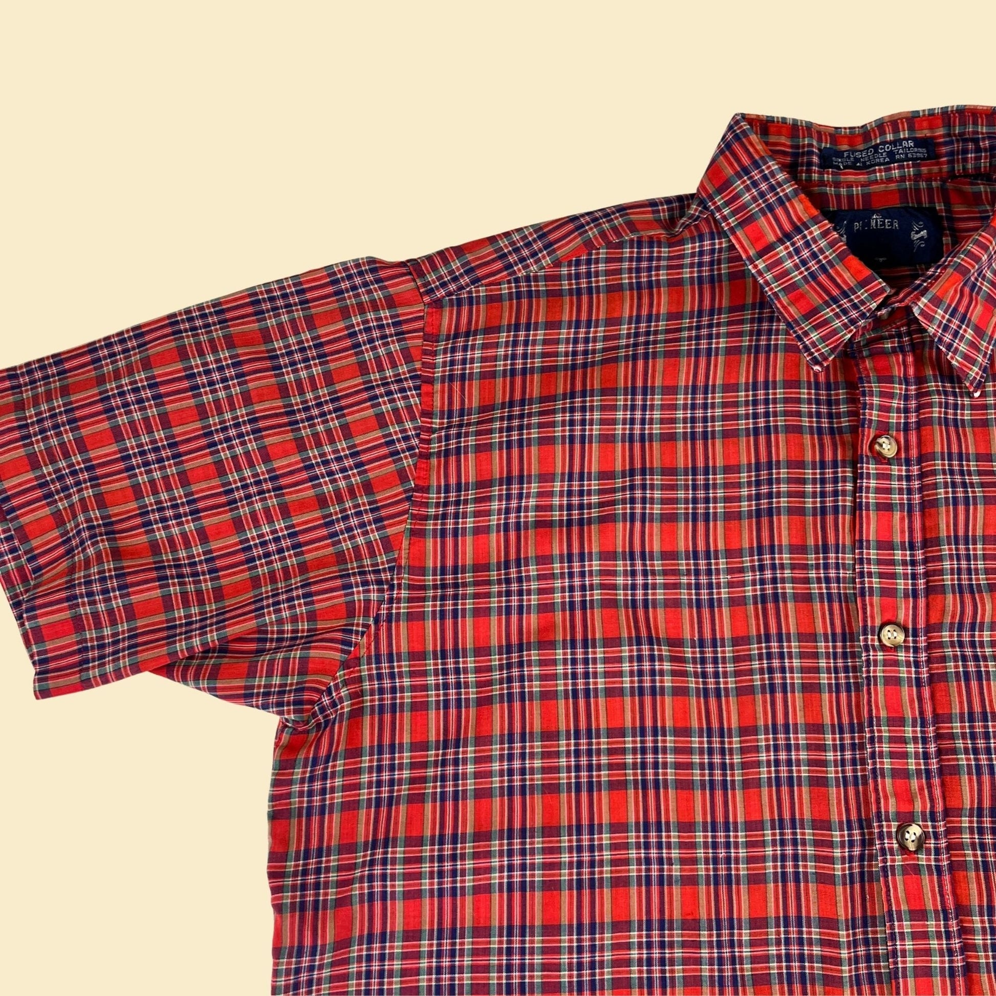 Vintage 80s plaid red shirt by Pioneer, size M-L, 1980s red and blue patterned short sleeve top