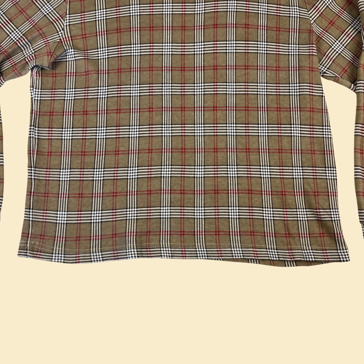 90s plaid turtleneck by Basic Editions, size L, vintage 1990s women's beige, red & white long sleeve preppy shirt