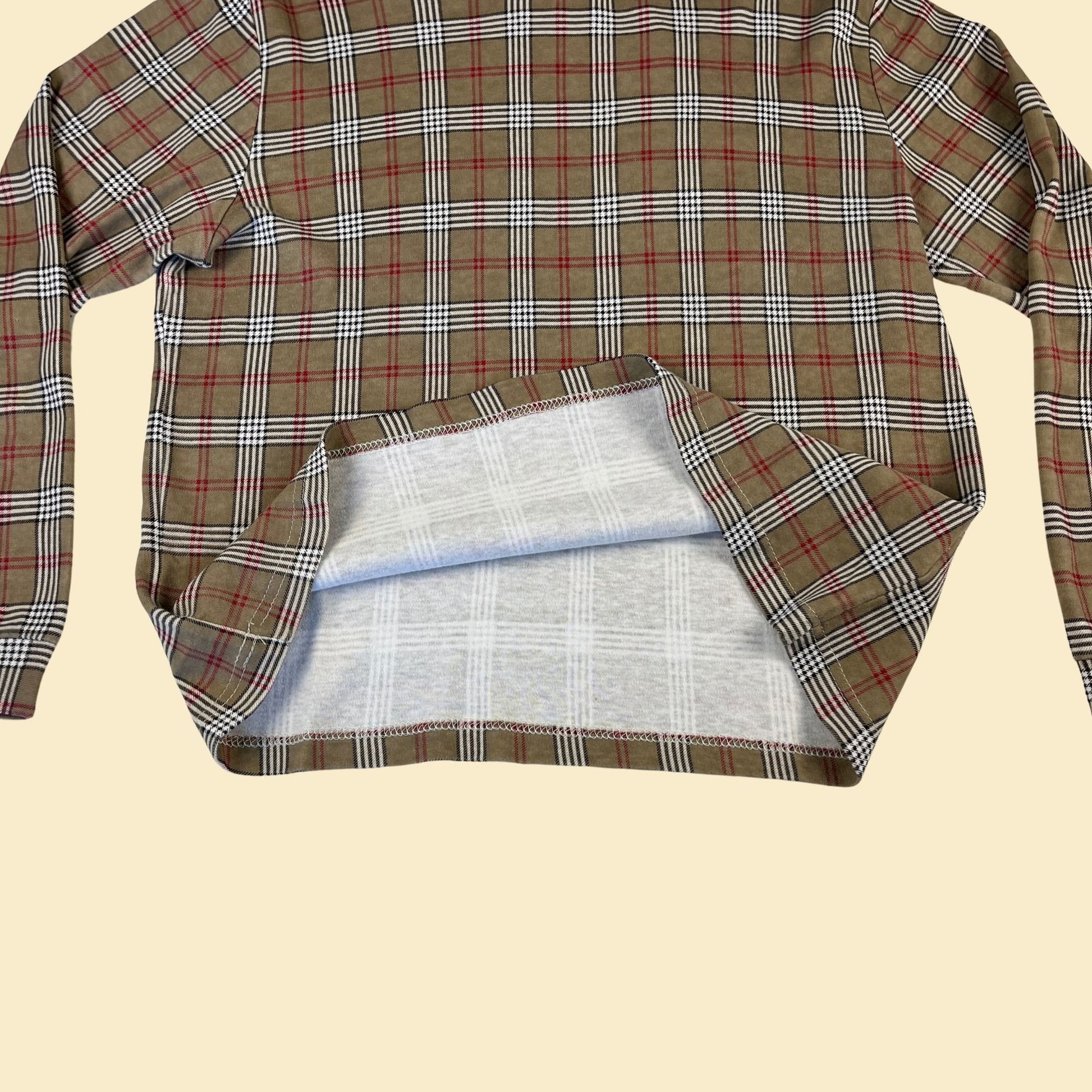 90s plaid turtleneck by Basic Editions, size L, vintage 1990s women's beige, red & white long sleeve preppy shirt