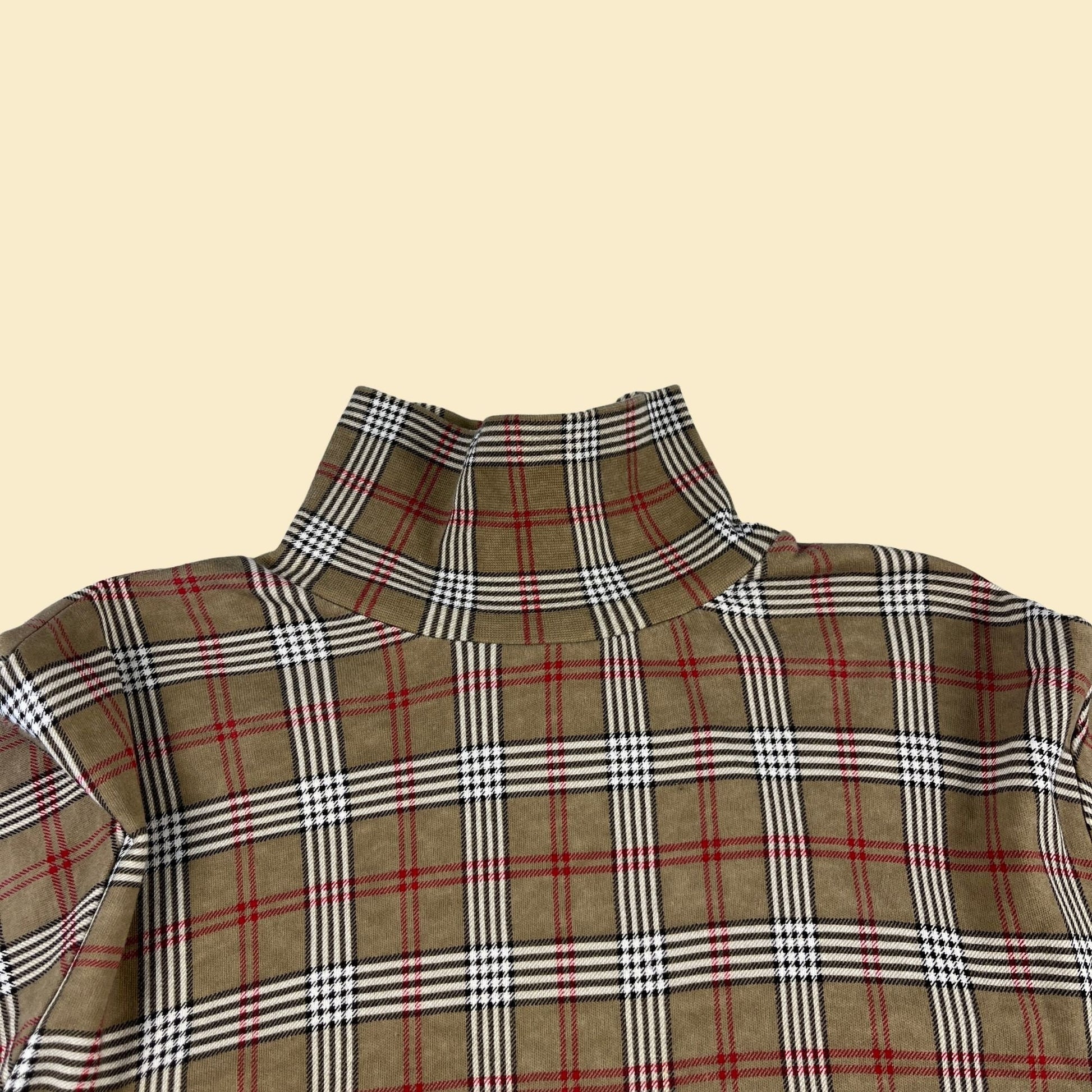 90s plaid turtleneck by Basic Editions, size L, vintage 1990s women's beige, red & white long sleeve preppy shirt