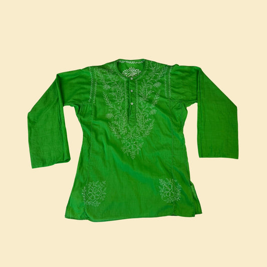 1970s embroidered green blouse, vintage 70s green & white floral leaf patterned long sleeve shirt