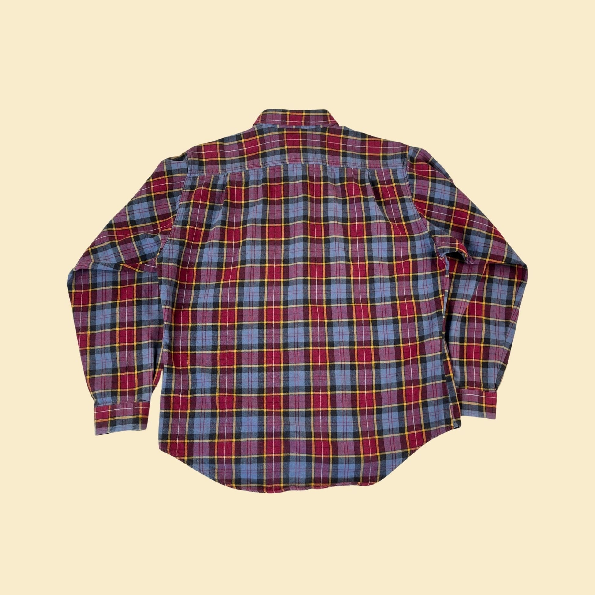 90s flannel by The North Face, size M, vintage 1990s red & blue plaid button down shirt