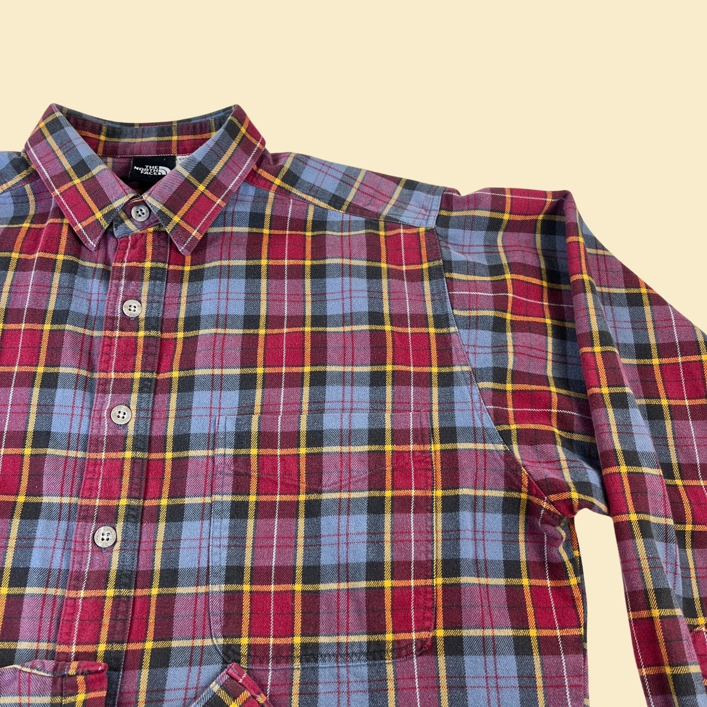 90s flannel by The North Face, size M, vintage 1990s red & blue plaid button down shirt