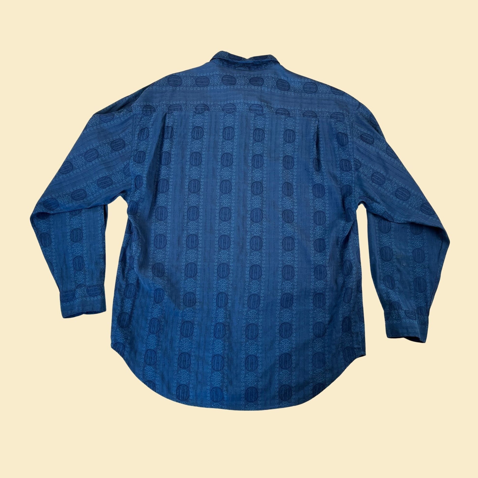 Vintage 90s patterned blue shirt by Policy, size L, 1990s abstract striped men's button down long sleeve top with ornate embroidery