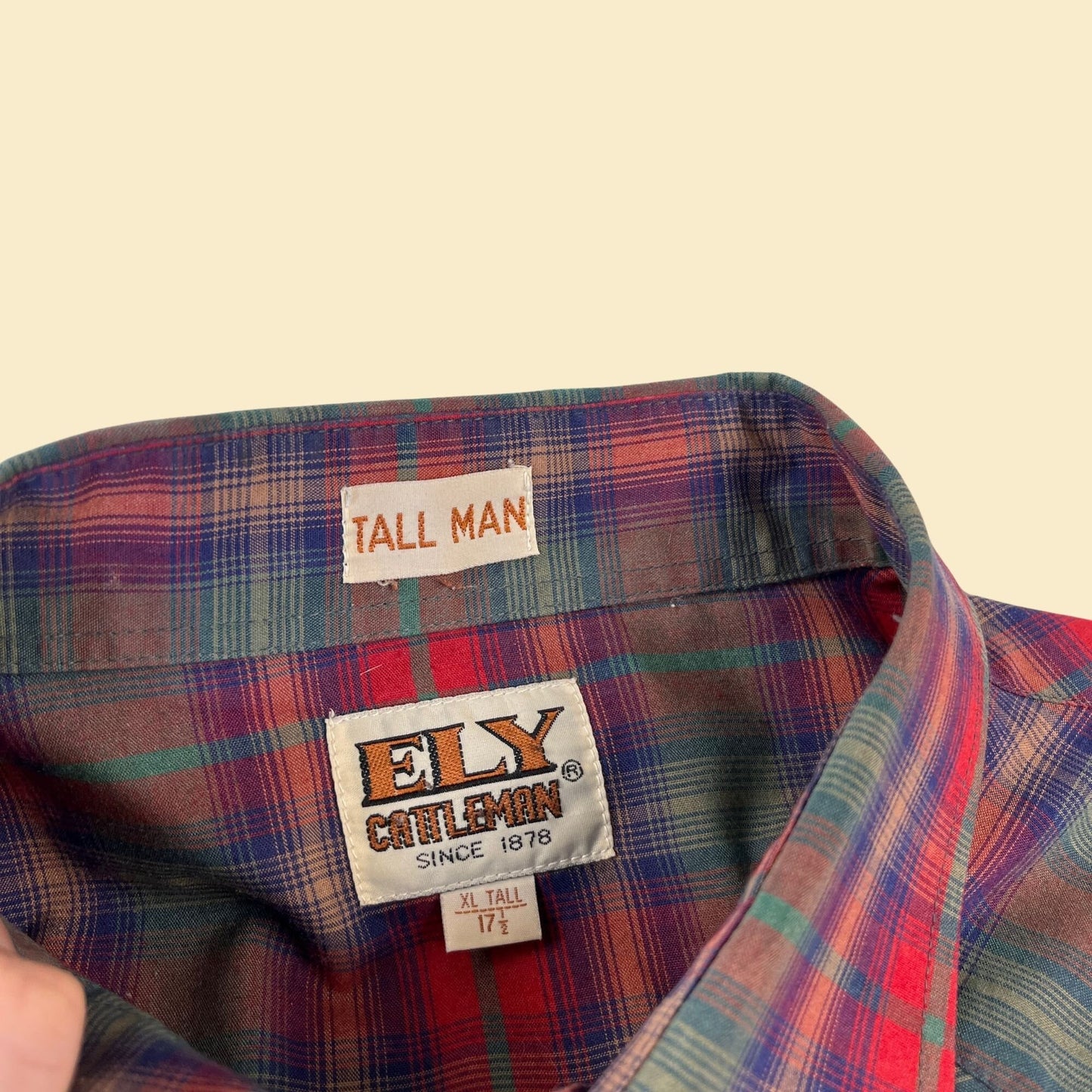 Vintage 1970s western men's short sleeve shirt by Ely Gentlemen, tall XL, red & plaid button down with pearl snap clasps and front pockets