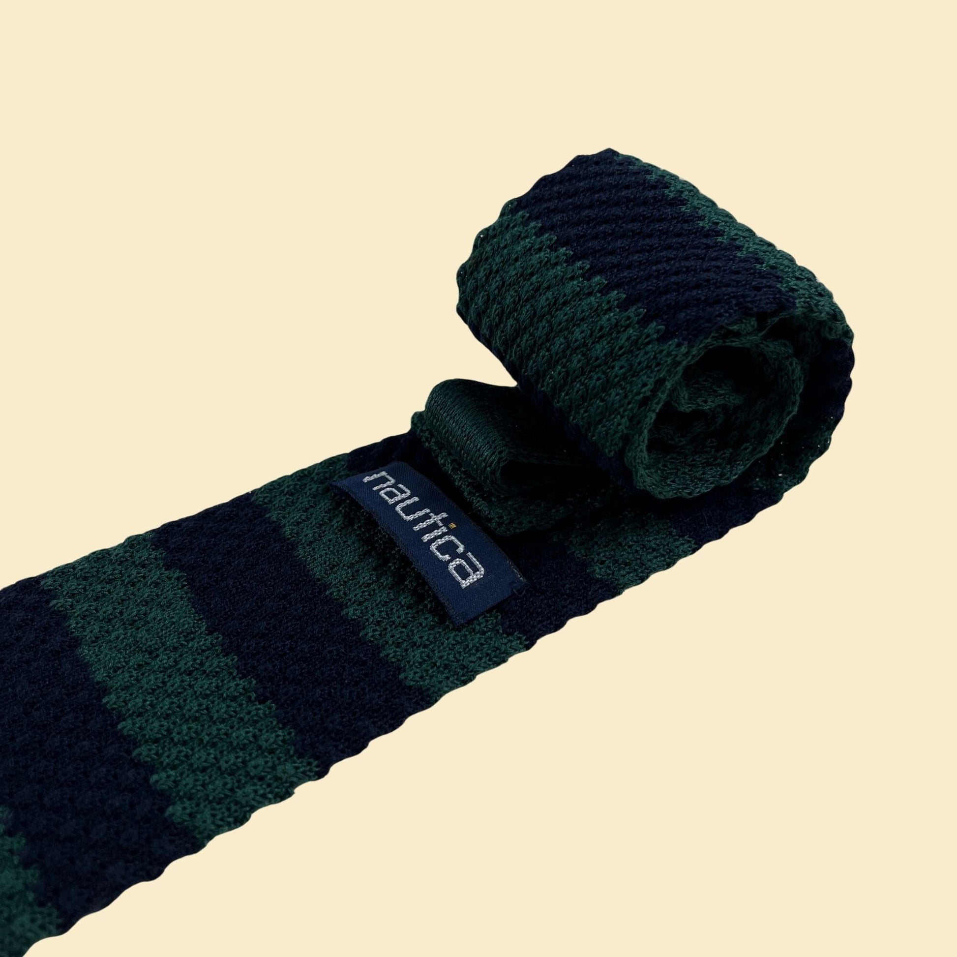 90s Nautica necktie, vintage knit striped tie, 1990s men's cotton green & blue tie