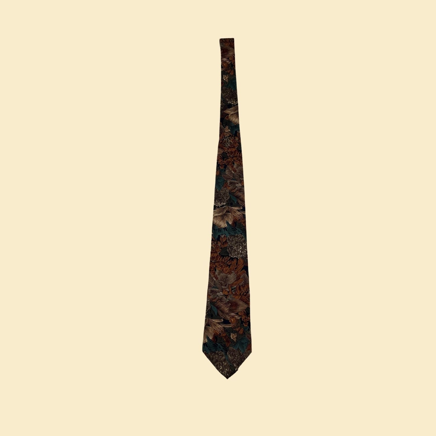 70s Burma Bimas necktie, vintage 1970s floral & leaf patterned tie, orange / teal abstract silk tie