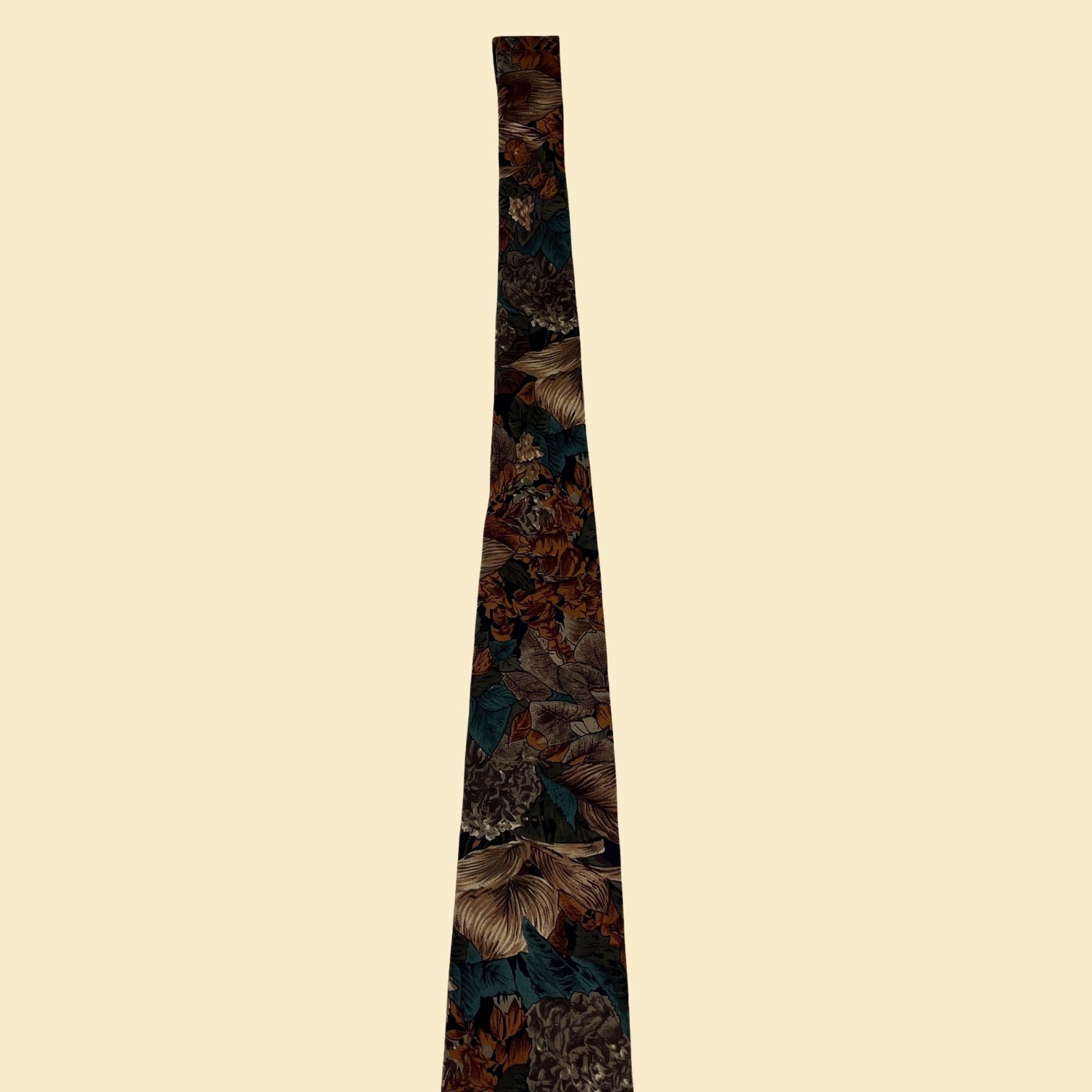 70s Burma Bimas necktie, vintage 1970s floral & leaf patterned tie, orange / teal abstract silk tie