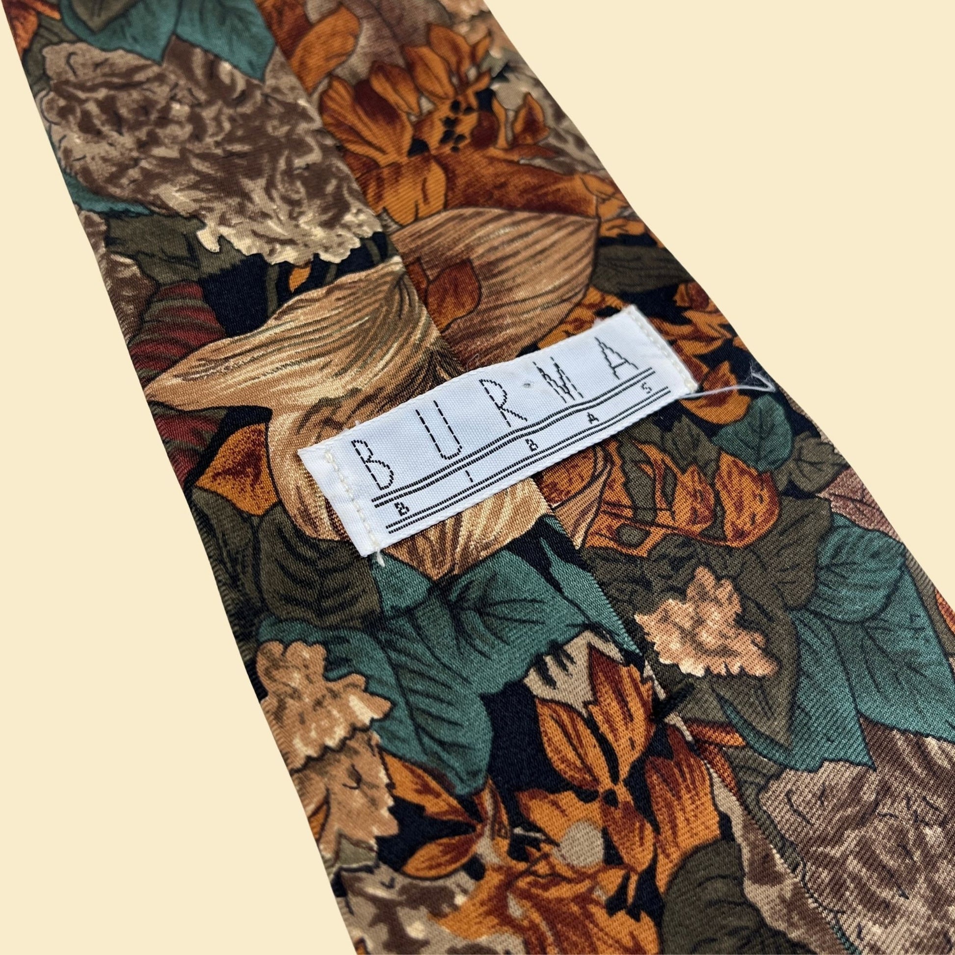 70s Burma Bimas necktie, vintage 1970s floral & leaf patterned tie, orange / teal abstract silk tie