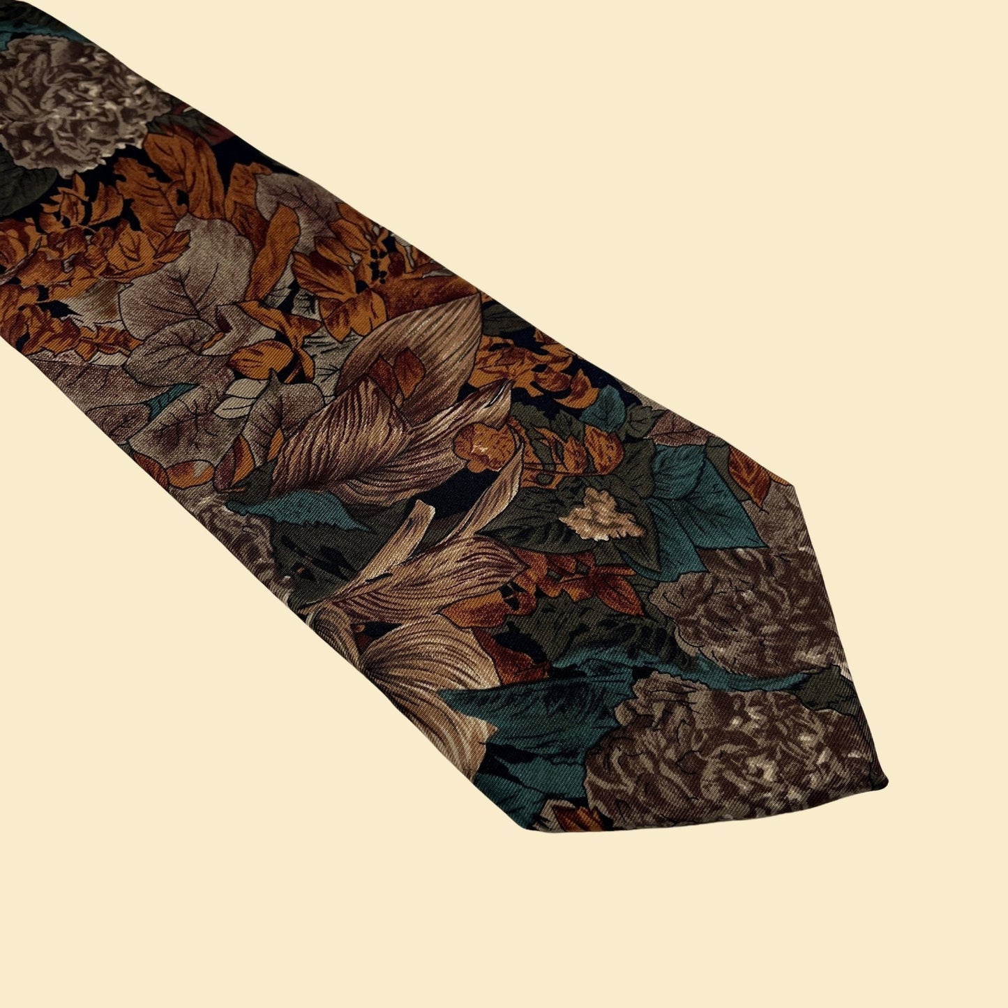 70s Burma Bimas necktie, vintage 1970s floral & leaf patterned tie, orange / teal abstract silk tie