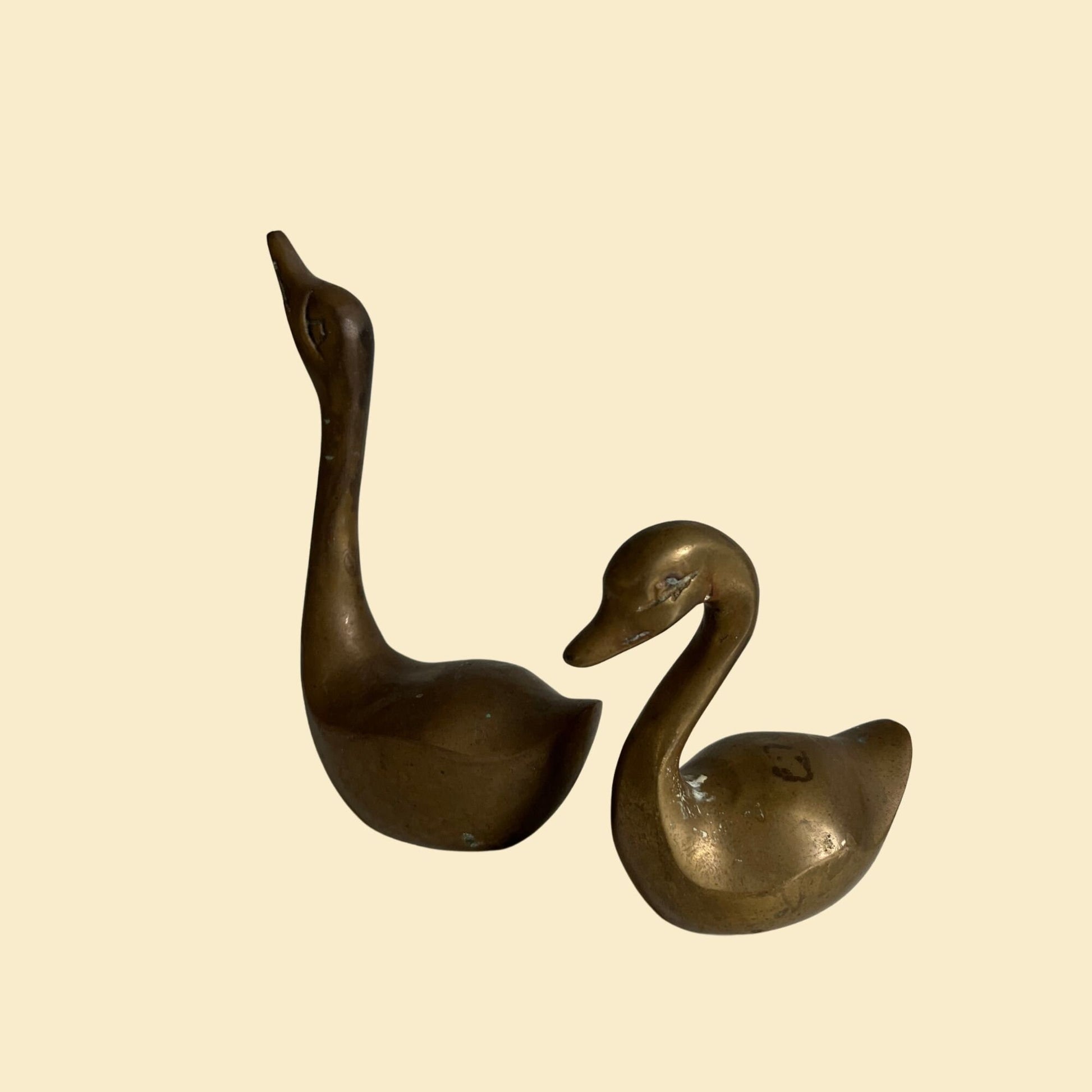 Set of 2 brass swans, c. 1970s vintage heavy brass swan figurines by Himark Giftware