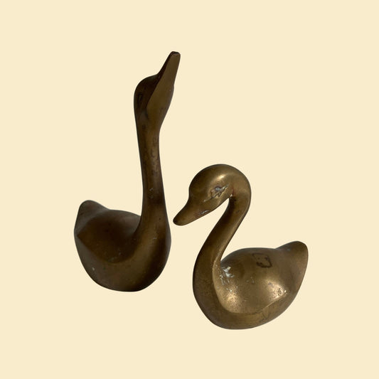 Set of 2 brass swans, c. 1970s vintage heavy brass swan figurines by Himark Giftware