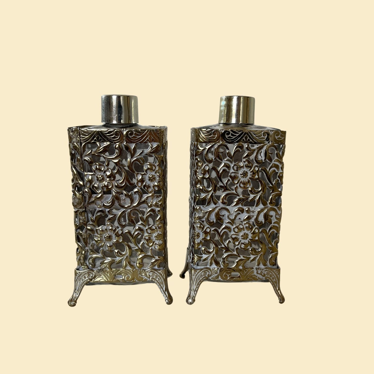 1970s set of 2 filagree metal and glass perfume bottles, vintage footed floral vanity bottles