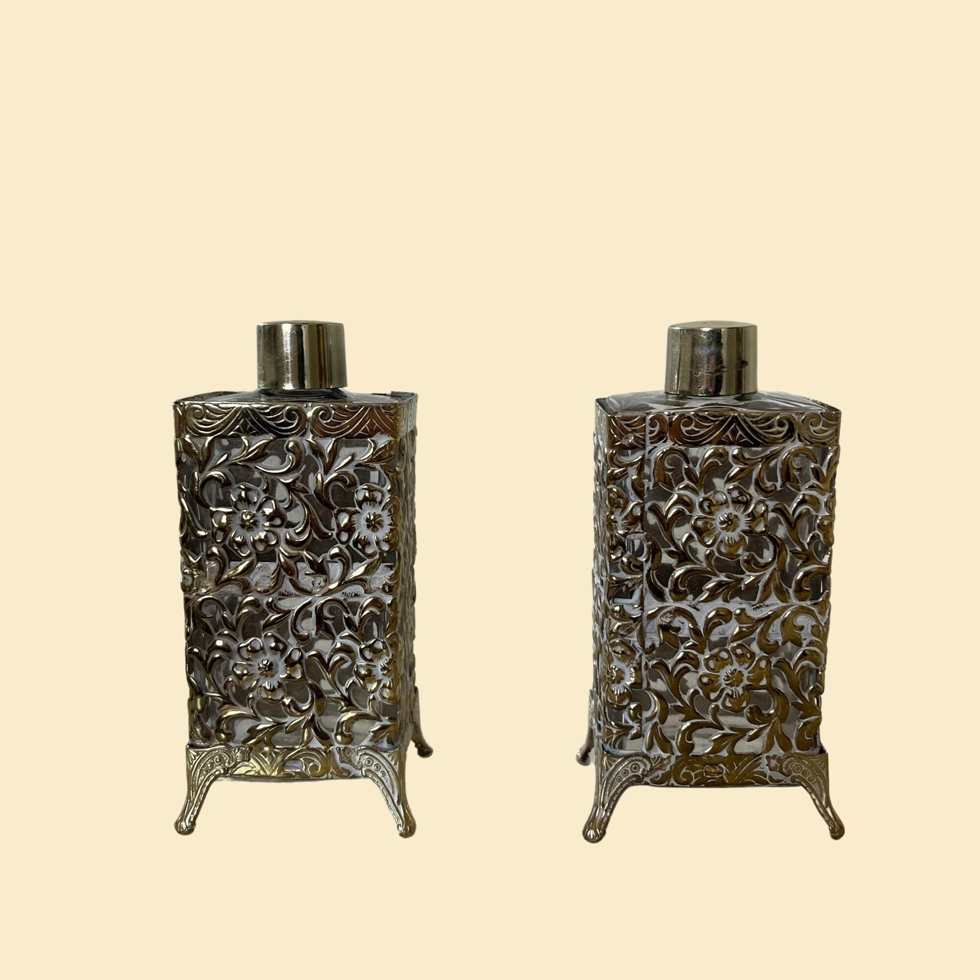 1970s set of 2 filagree metal and glass perfume bottles, vintage footed floral vanity bottles